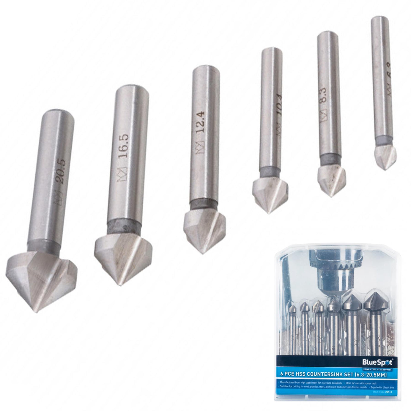 BlueSpot 6pc HSS Screw Countersink Drill Bit Set For Steel Plastic Wood Bits 6.3-20.5mm