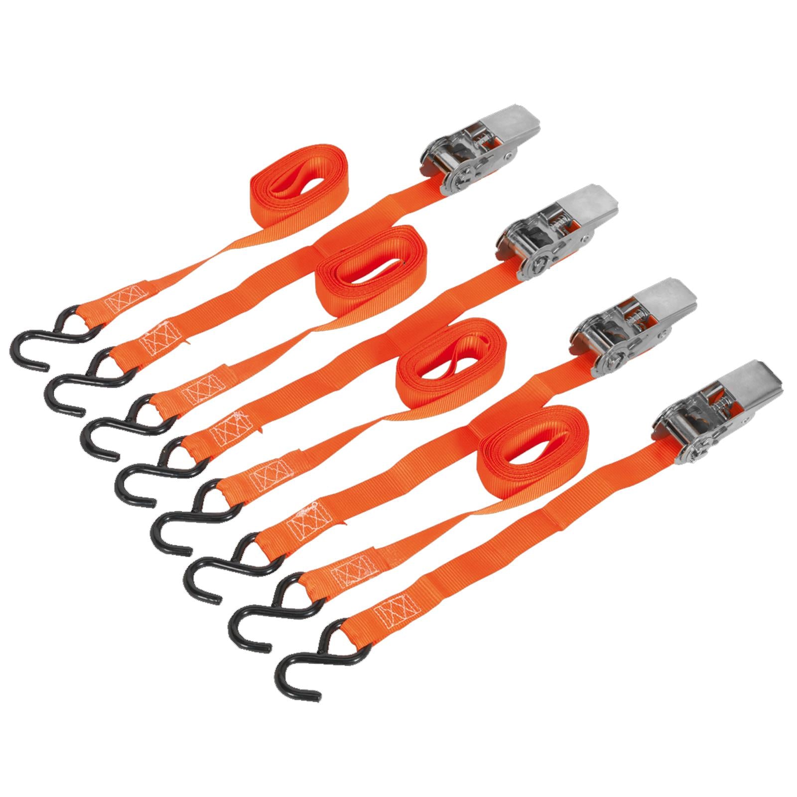 Sealey Ratchet Tie Down 25mm x 4m Polyester Webbing with S-Hooks 500kg Breaking Strength - 2 Pairs