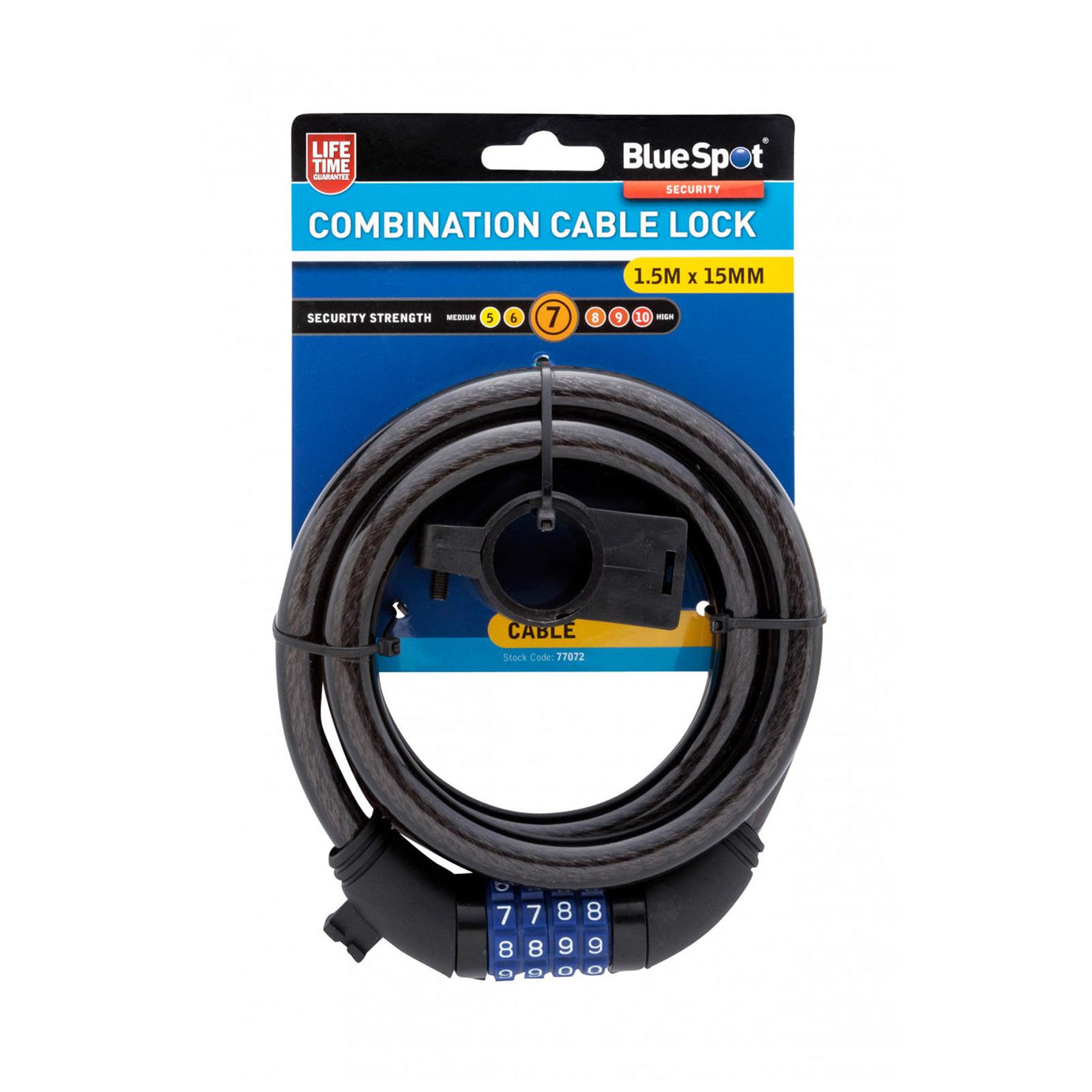 BlueSpot 1.5m x 15mm 4 Digit Combination Cable Bicycle Lock Bike Chain