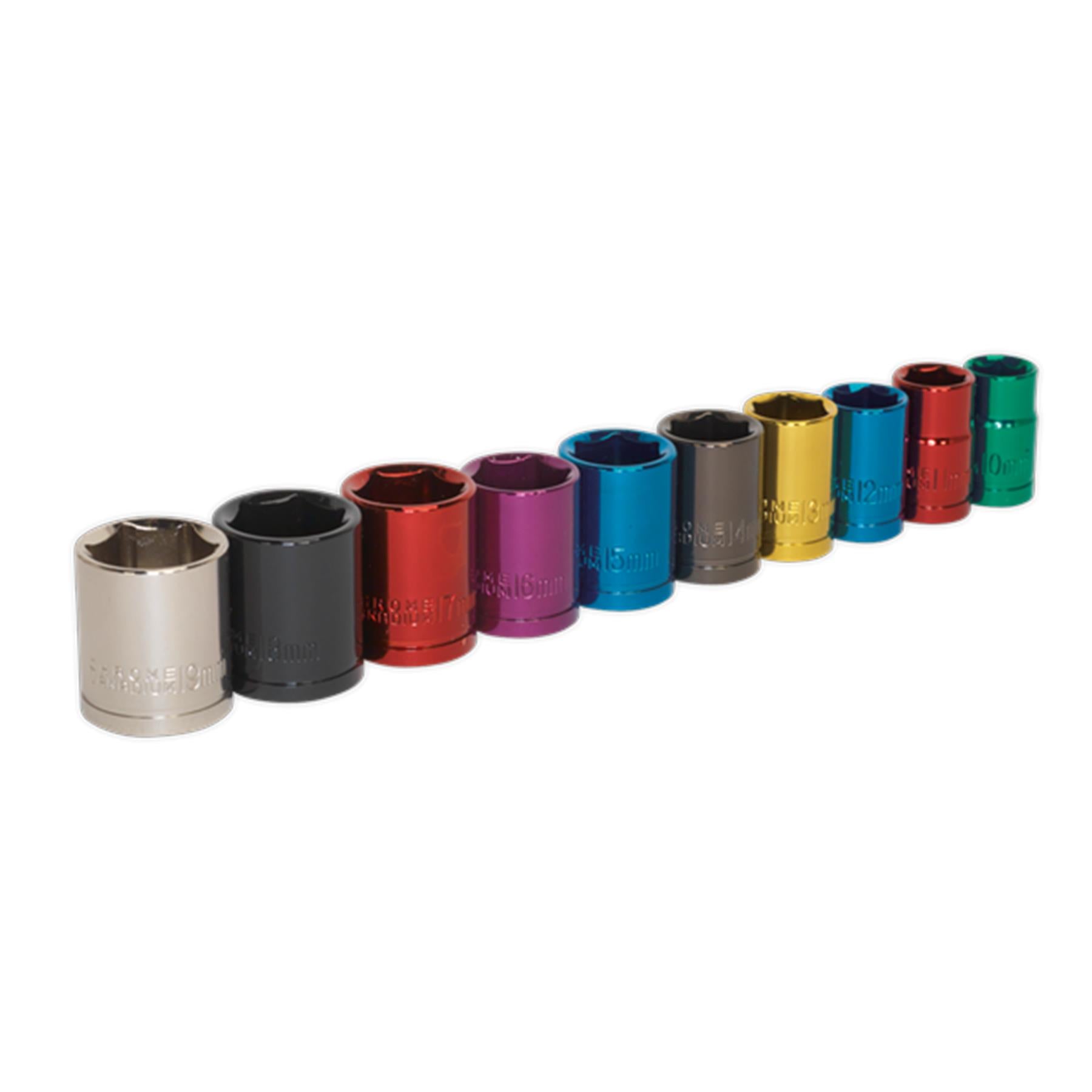 Sealey 10pc Multi Coloured Metric Socket Set 10mm - 19mm 6pt Set 3/8" Sq Drive