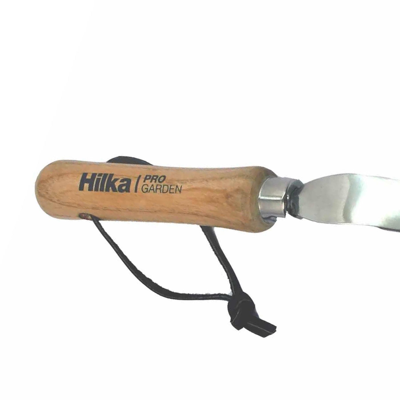 Stainless Steel Hand Weeder with a hardwood handle and leather strap
