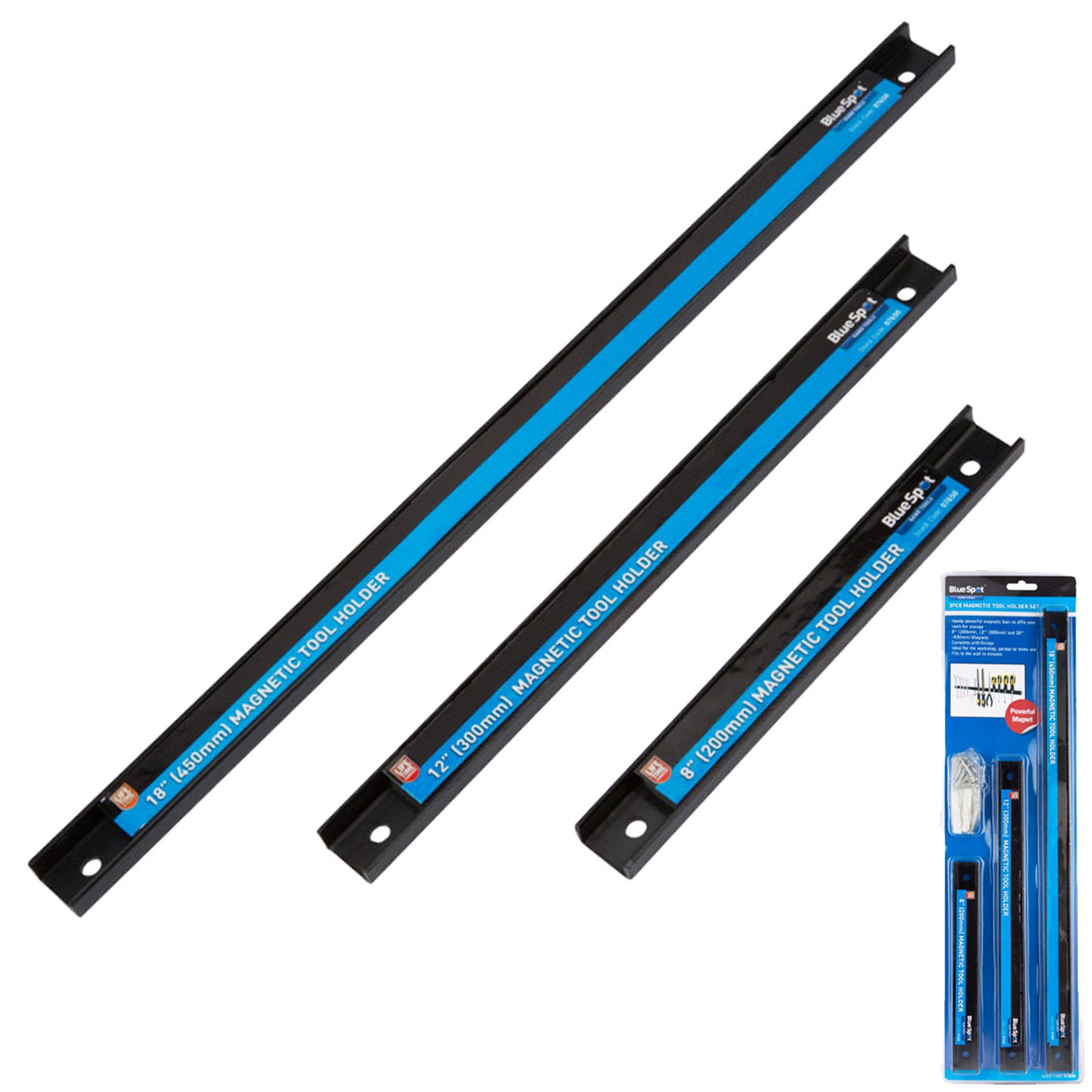 Bluespot 3pc Magnetic Bar Tool Holder Storage Rack Organiser Rails 8" 12" & 18"