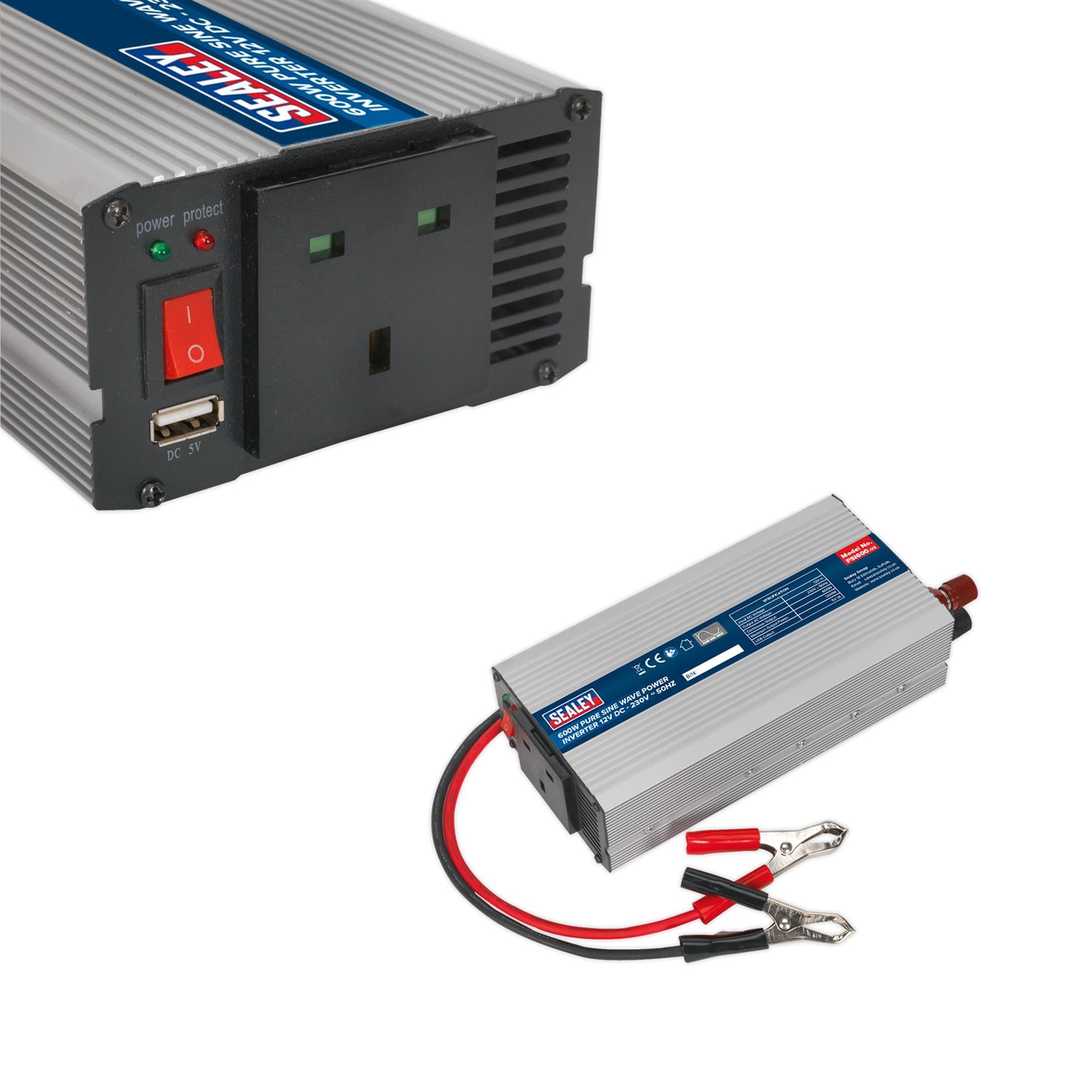 Sealey Power Inverter Pure Sine Wave 600W 12V DC - 230V 50Hz