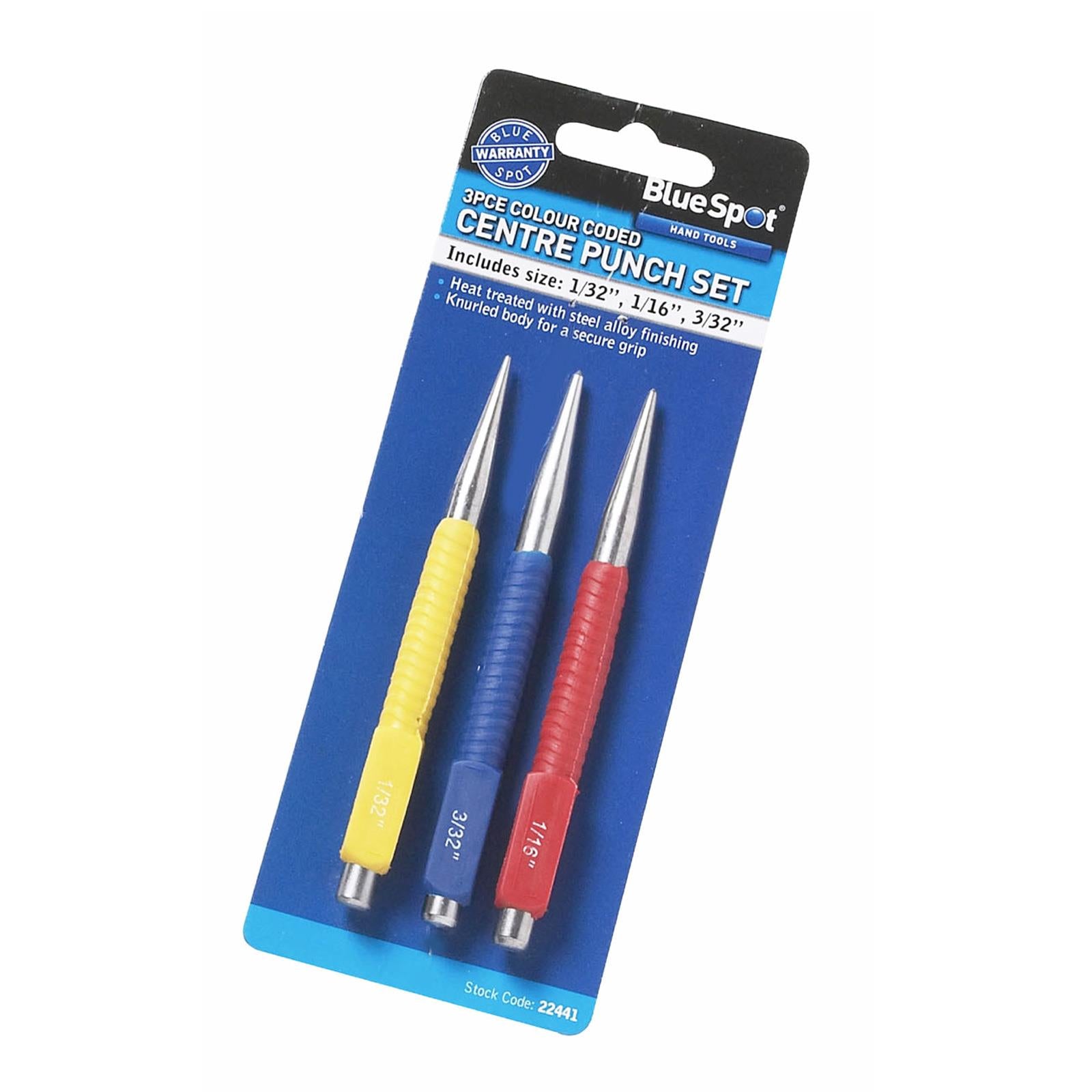 BlueSpot 3Pce Centre Punch Set Colour Coded Carbon Steel 1/32" 1/16" 3/32" For Stable Drilling New