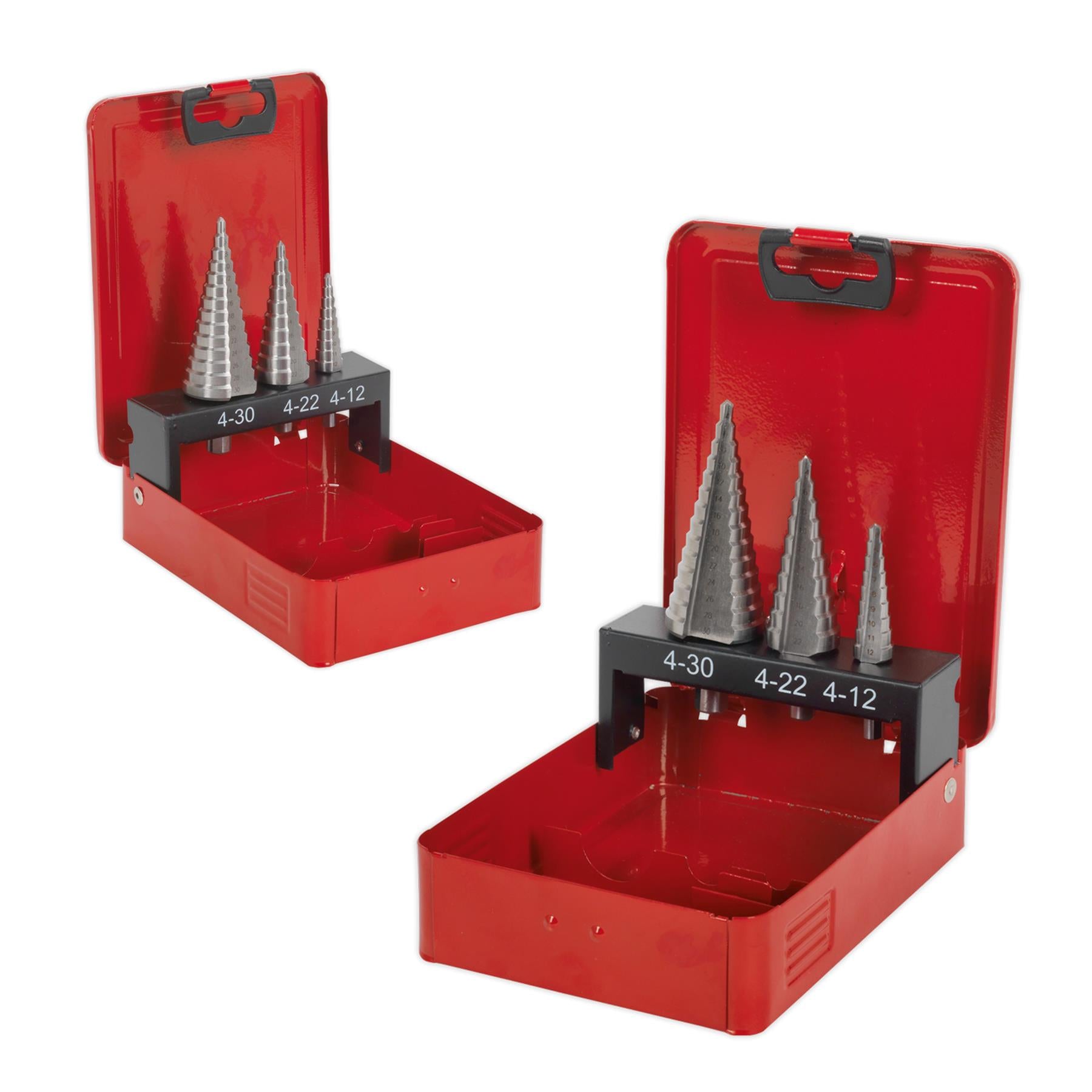 Sealey 3pc M2 Step Drill Bit HSS Drill Set 4-30mm Double Flute Hole Metal Cutter