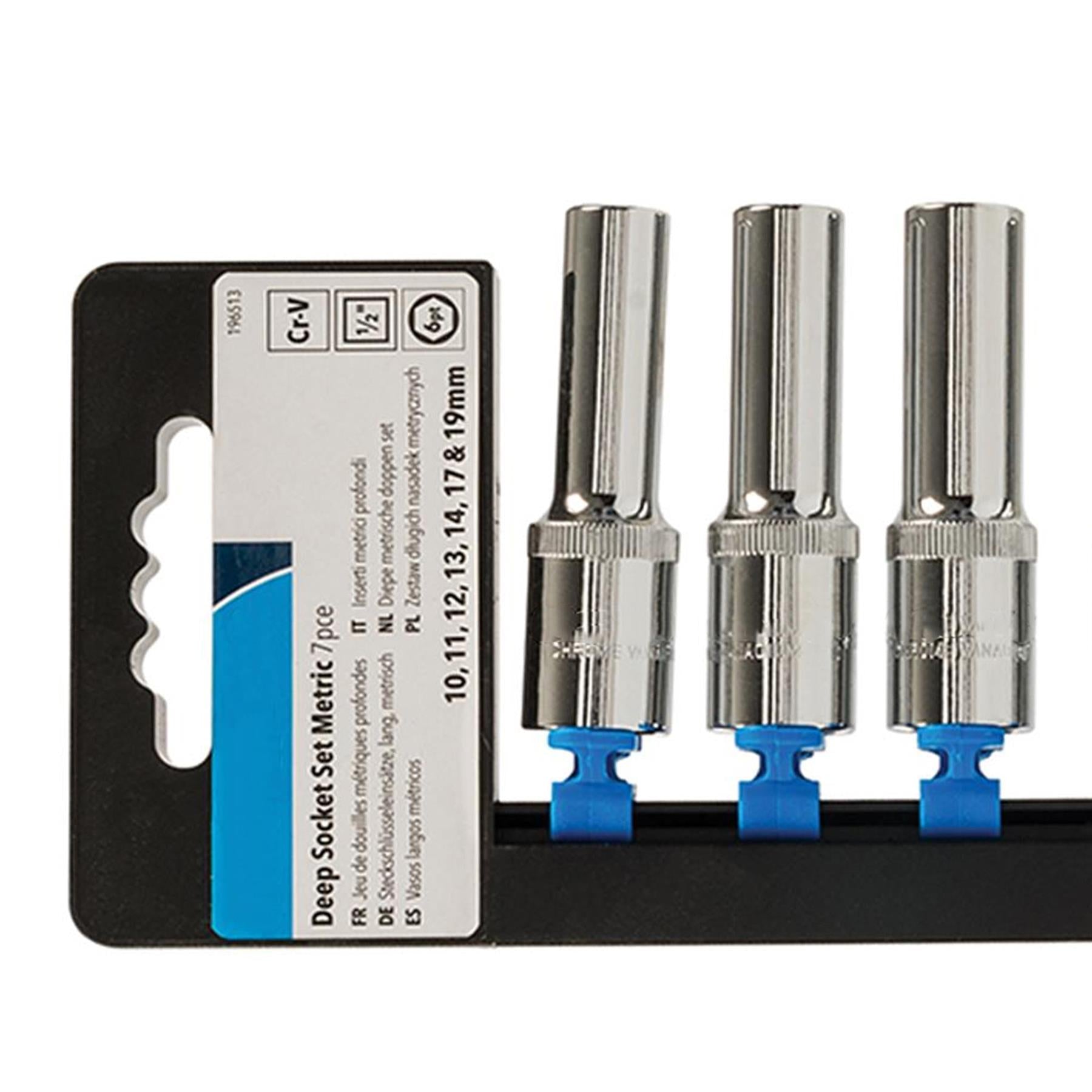 7 Pce 1/2" Deep Drive Metric Socket Set 10mm - 19mm Chrome Vanadium Heavy Duty