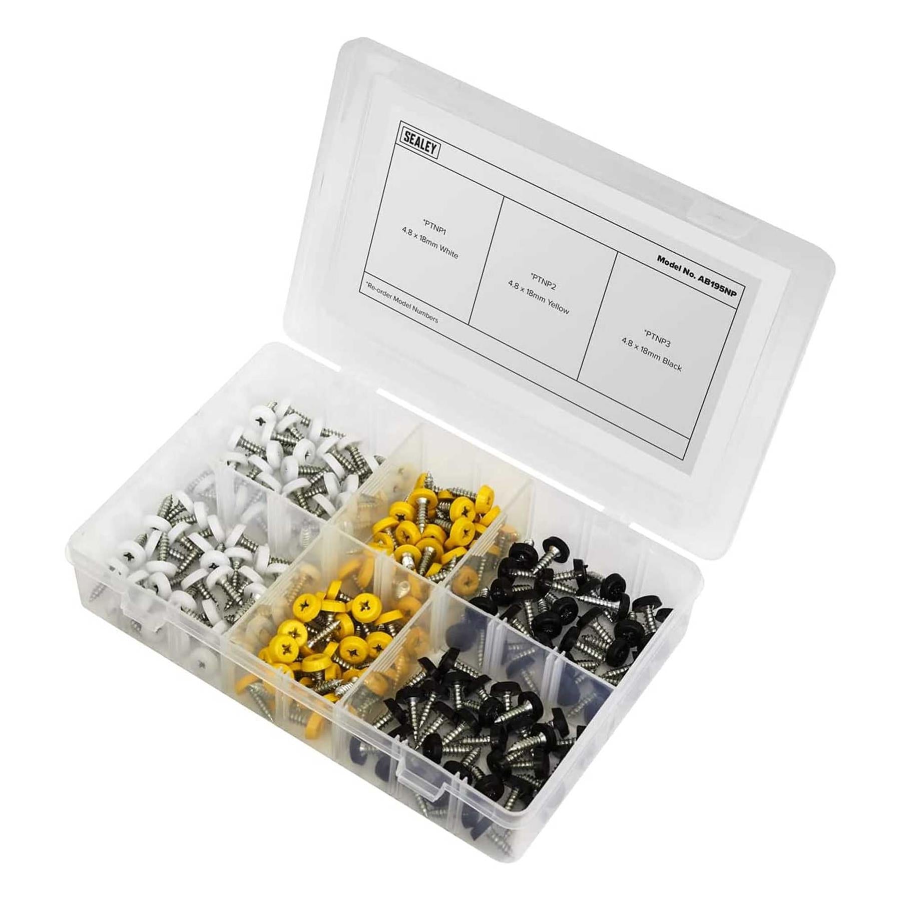Sealey Numberplate Screw Assortment 195pc 4.8mm x 18mm - Plastic Enclosed Head