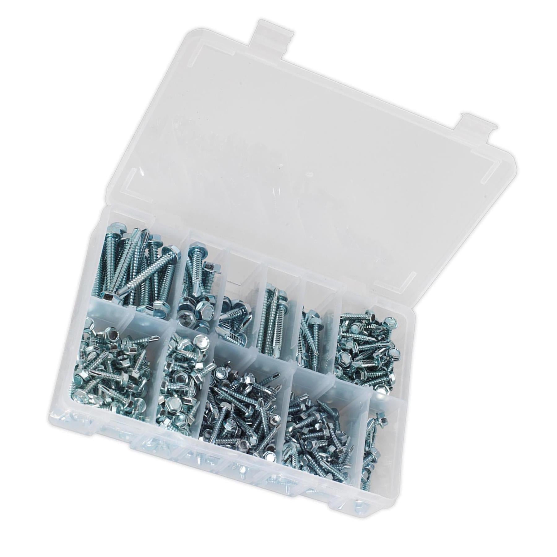 Sealey Self Drilling Screw Assortment 410pc Hex Head ZincSealey 410pcs Zinc Plated Steel Self Drilling Screw Assortment Set Hex Head