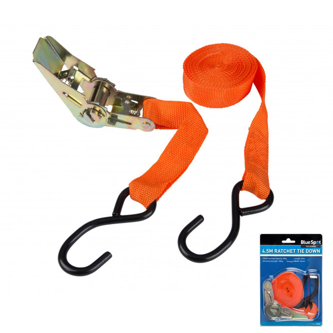 BlueSpot Pack of 25mm x 4.5m/15ft Ratchet Tie Down Strap 90Kg Max Load S Hook