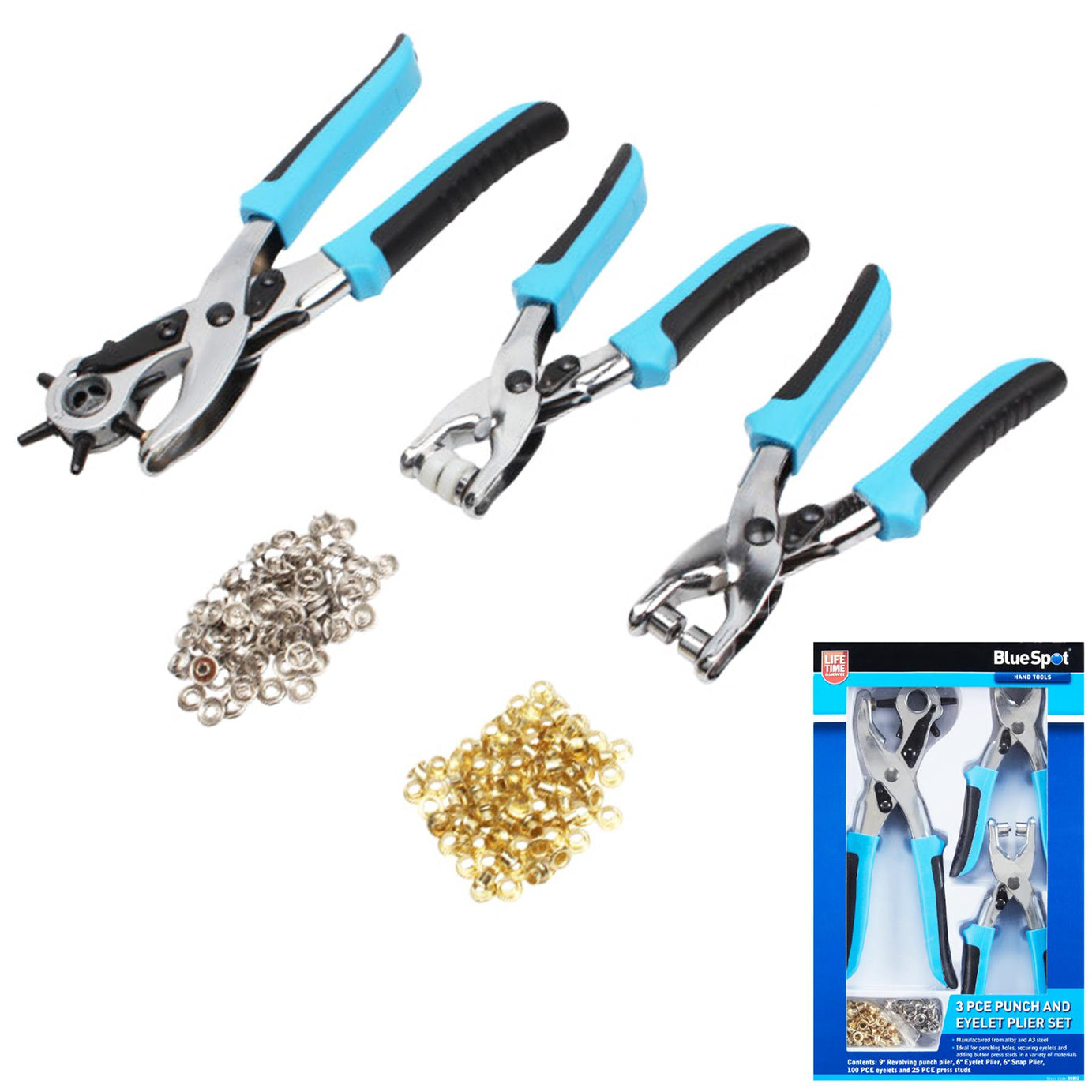 BlueSpot 3pc Revolving Leather Hole Punch And Eyelet Plier Set Puncher Belts Cut