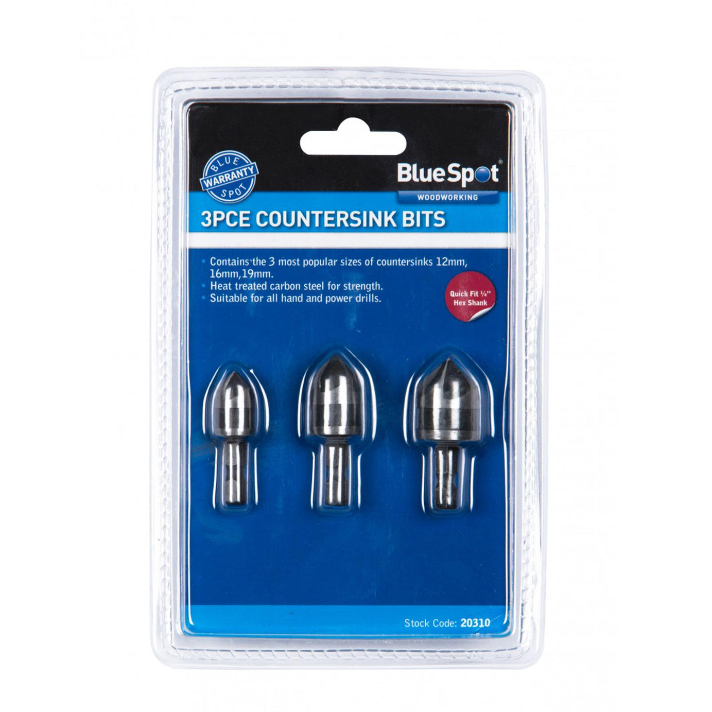 Bluespot Countersink Bits 3pce Set Countersink Drillbits Countersinking Wood 12 16 19mm