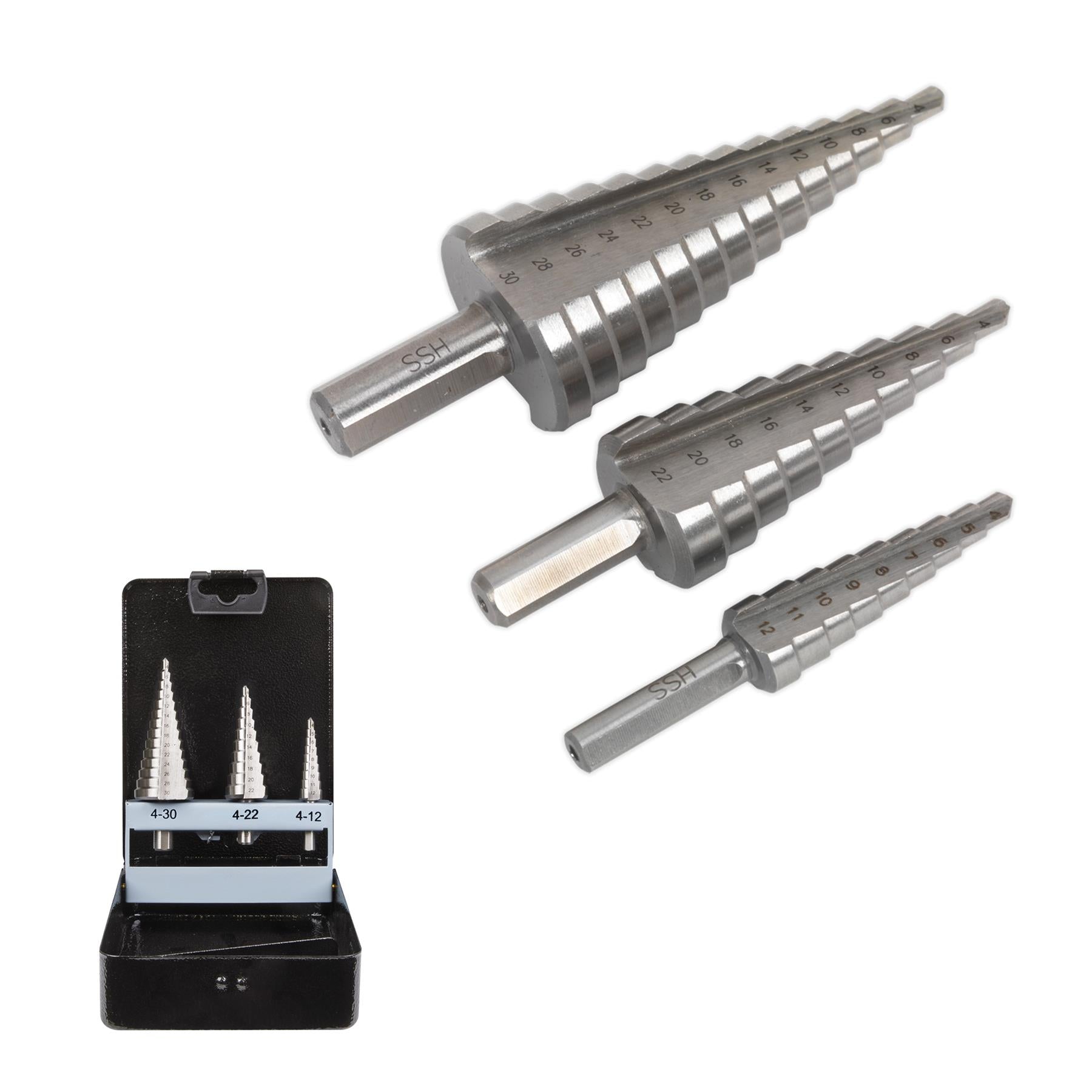 Sealey 3pc Step Drill Bit Set HSS 4341 Double Straight Flute 4-30mm AK4746
