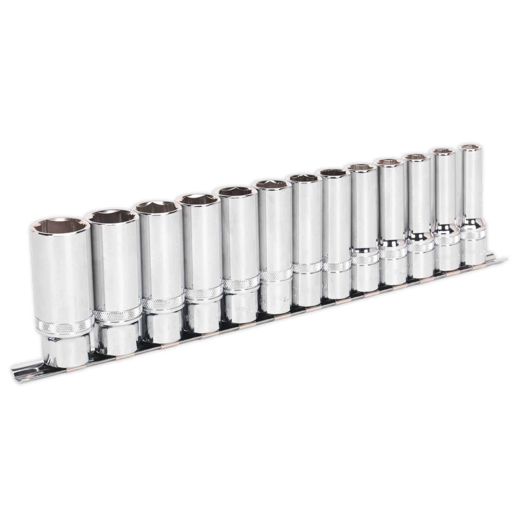 Sealey Deep Lock-On Socket Set 1/2" Sq Dr 13pc 10-24mm 6pt Metric Long Reach