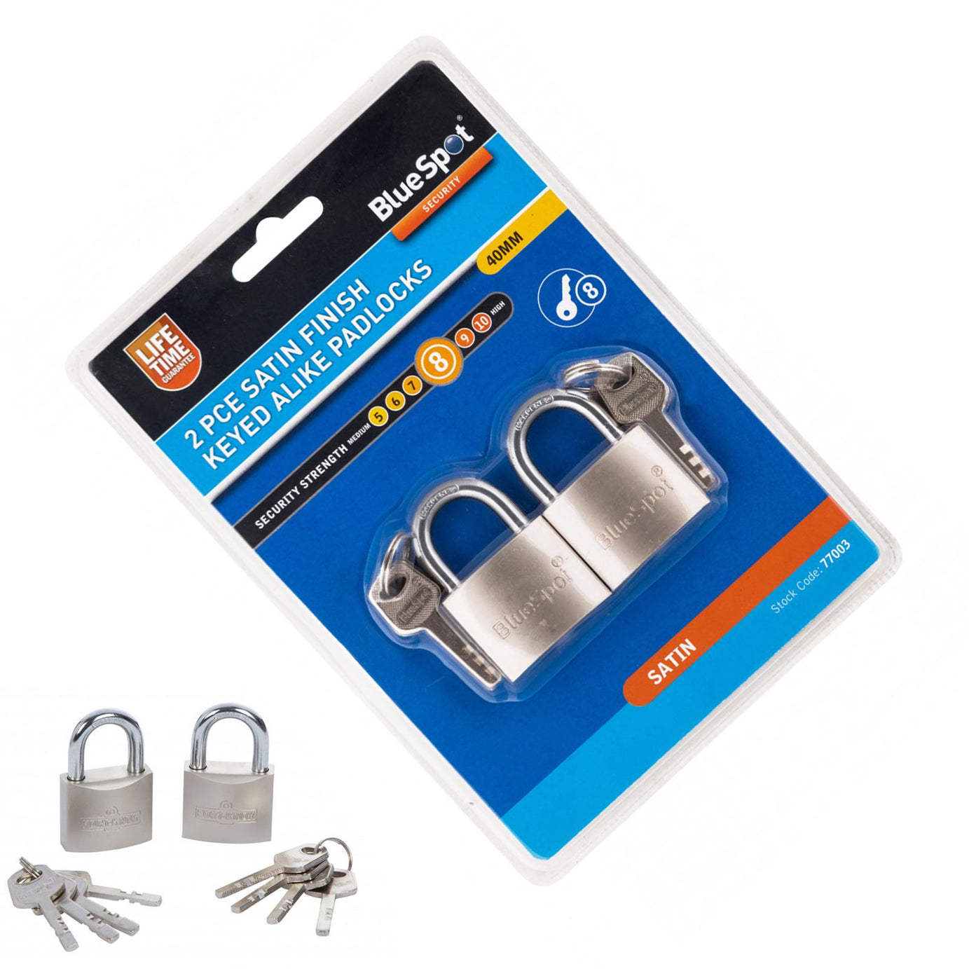 Bluespot 2pce 40mm Keyed Alike Padlocks Same Keys Satin Finish Lifetime Warranty