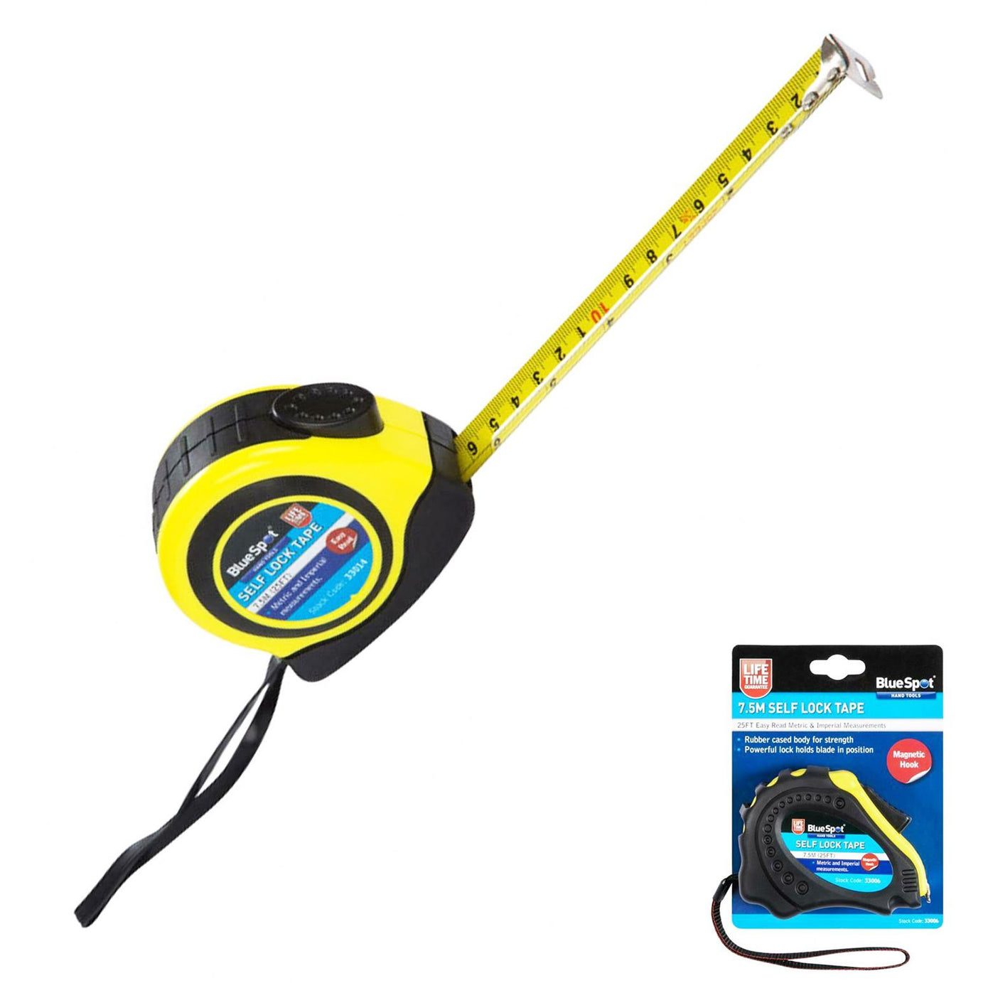 BlueSpot Tape Measure Magnetic Tip Auto Lock Imperial Metric Scale  7.5m (25FT)