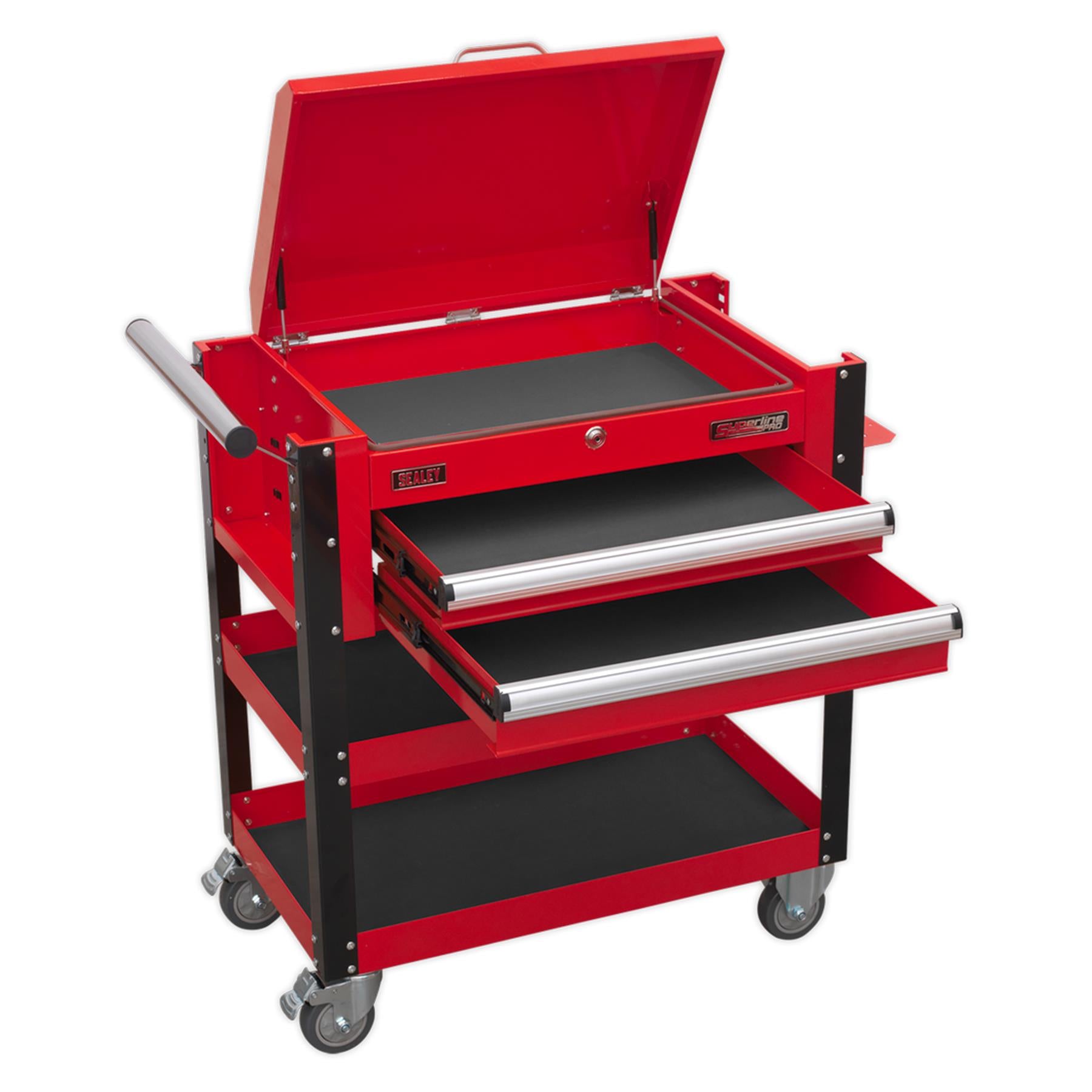 Sealey HD Mobile Tool & Parts Trolley 2 Drawer & Locking Top - Red