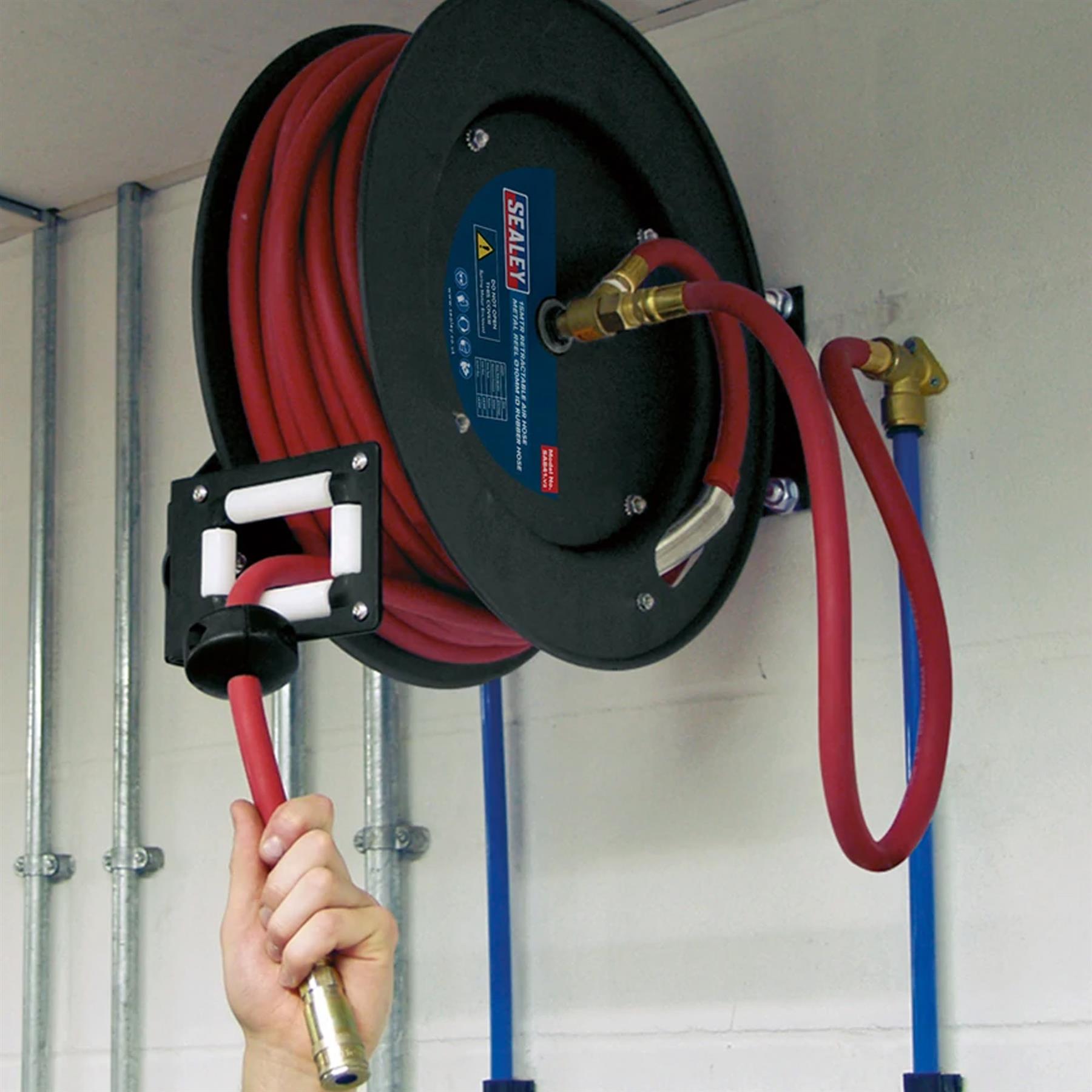 Sealey Retractable Air Hose Metal Reel 15m 10mm ID Rubber Hose