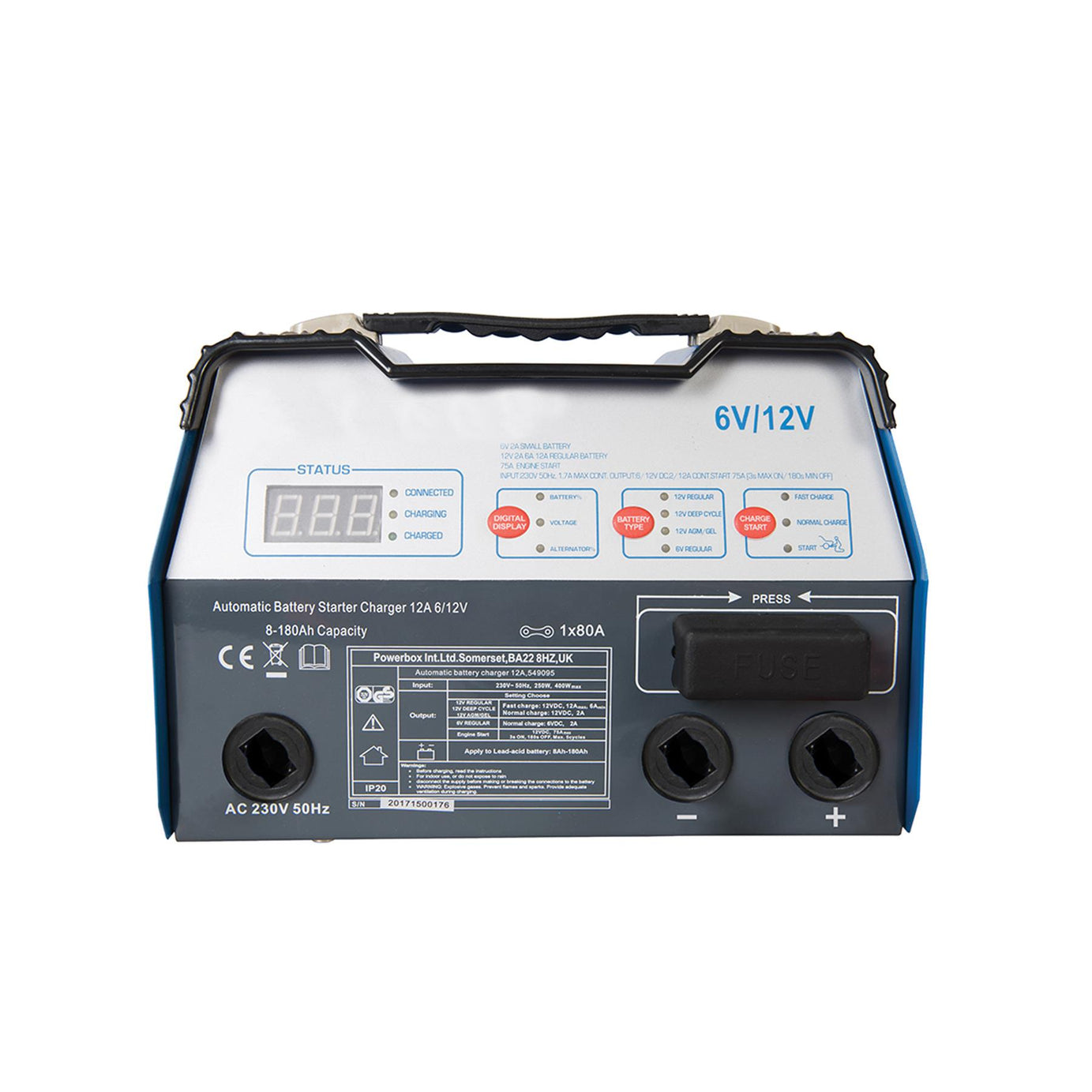 Automatic Battery Starter Charger 12A 6/12V 8-180Ah Capacity 3-Stage Starter