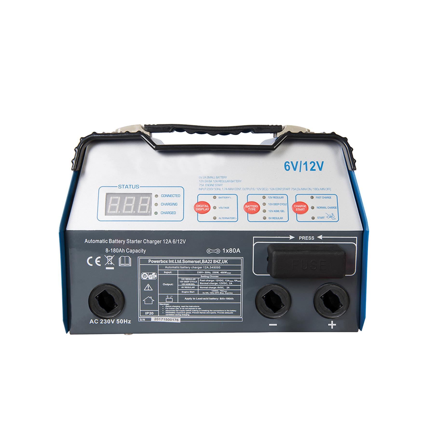 Automatic Battery Starter Charger 12A 6/12V 8-180Ah Capacity 3-Stage Starter