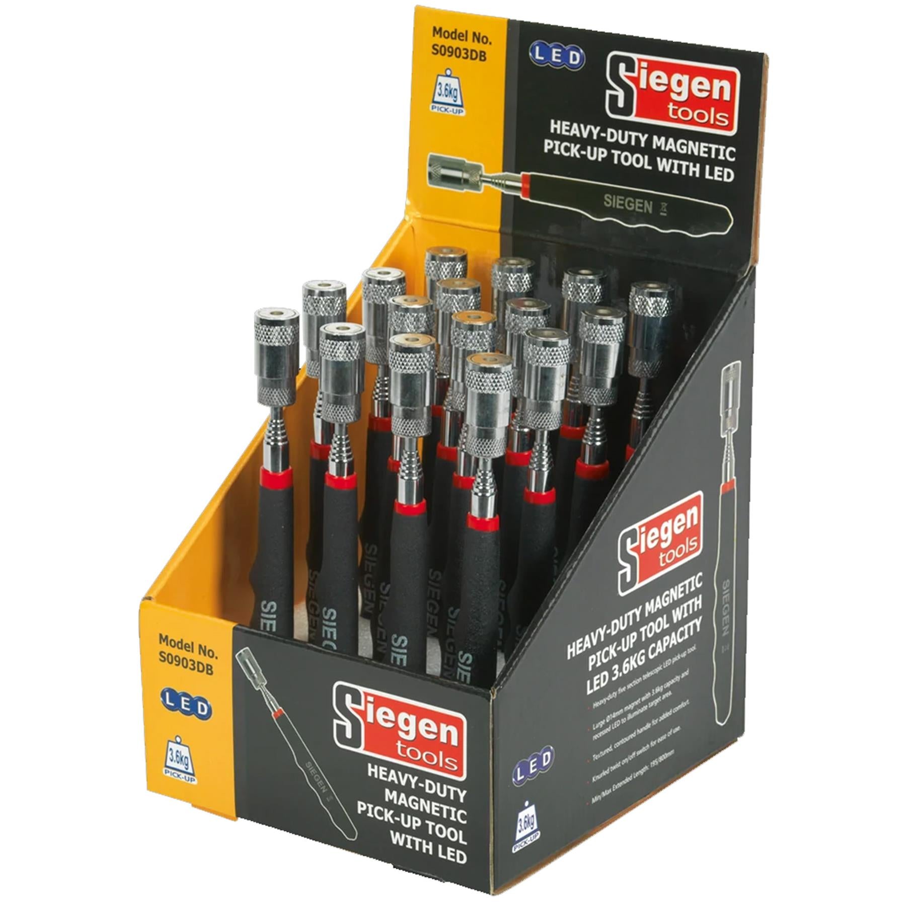 Sealey HD Mag Pick-Up Tool with LED 3.6kg Cap Display Box of 16