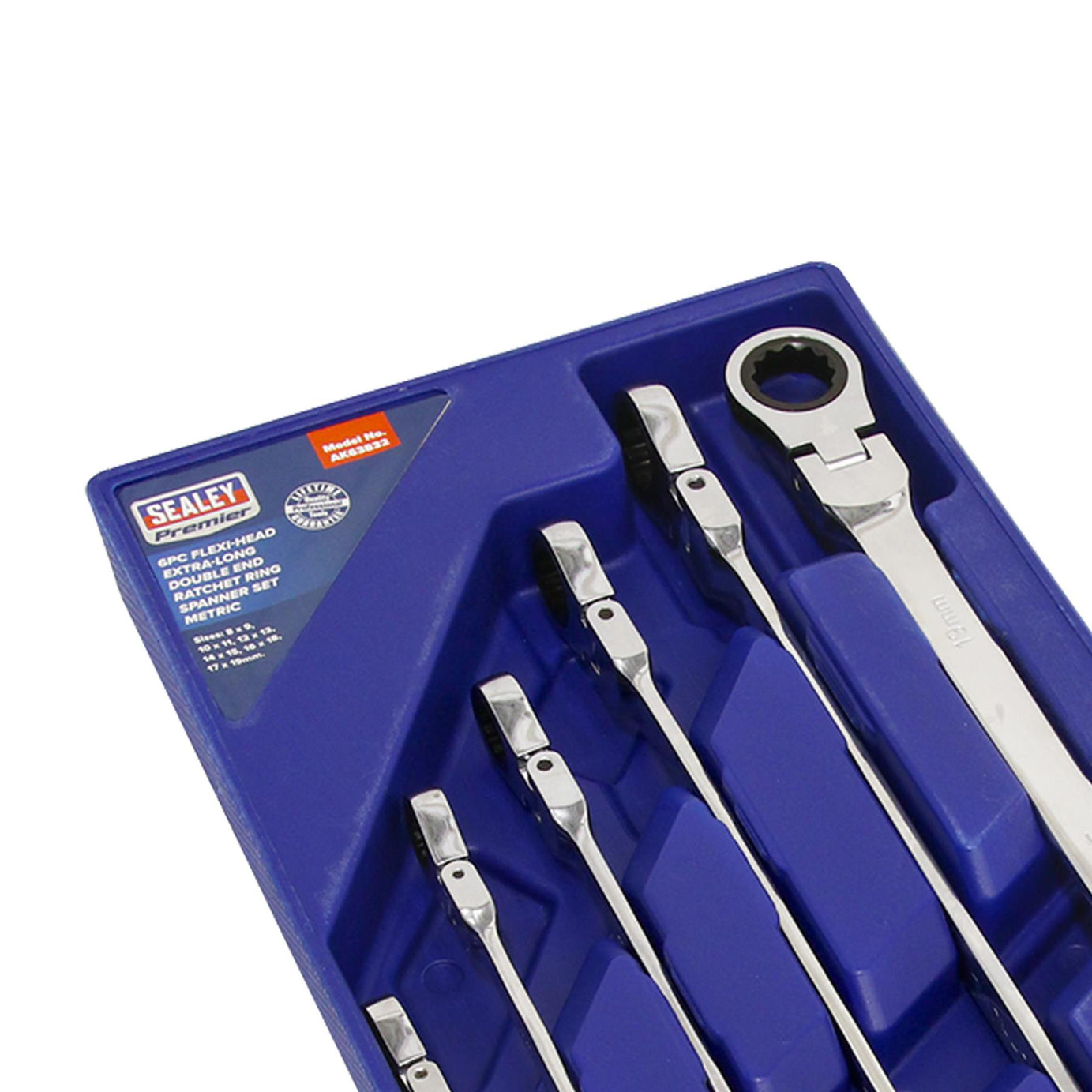 Sealey Flexi-Head Double End Ratchet Ring Spanner Set 6pc Extra-Long Metric