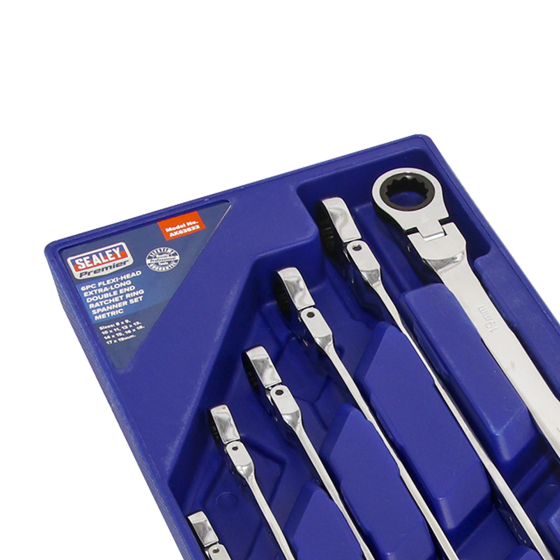 Sealey Flexi-Head Double End Ratchet Ring Spanner Set 6pc Extra-Long Metric
