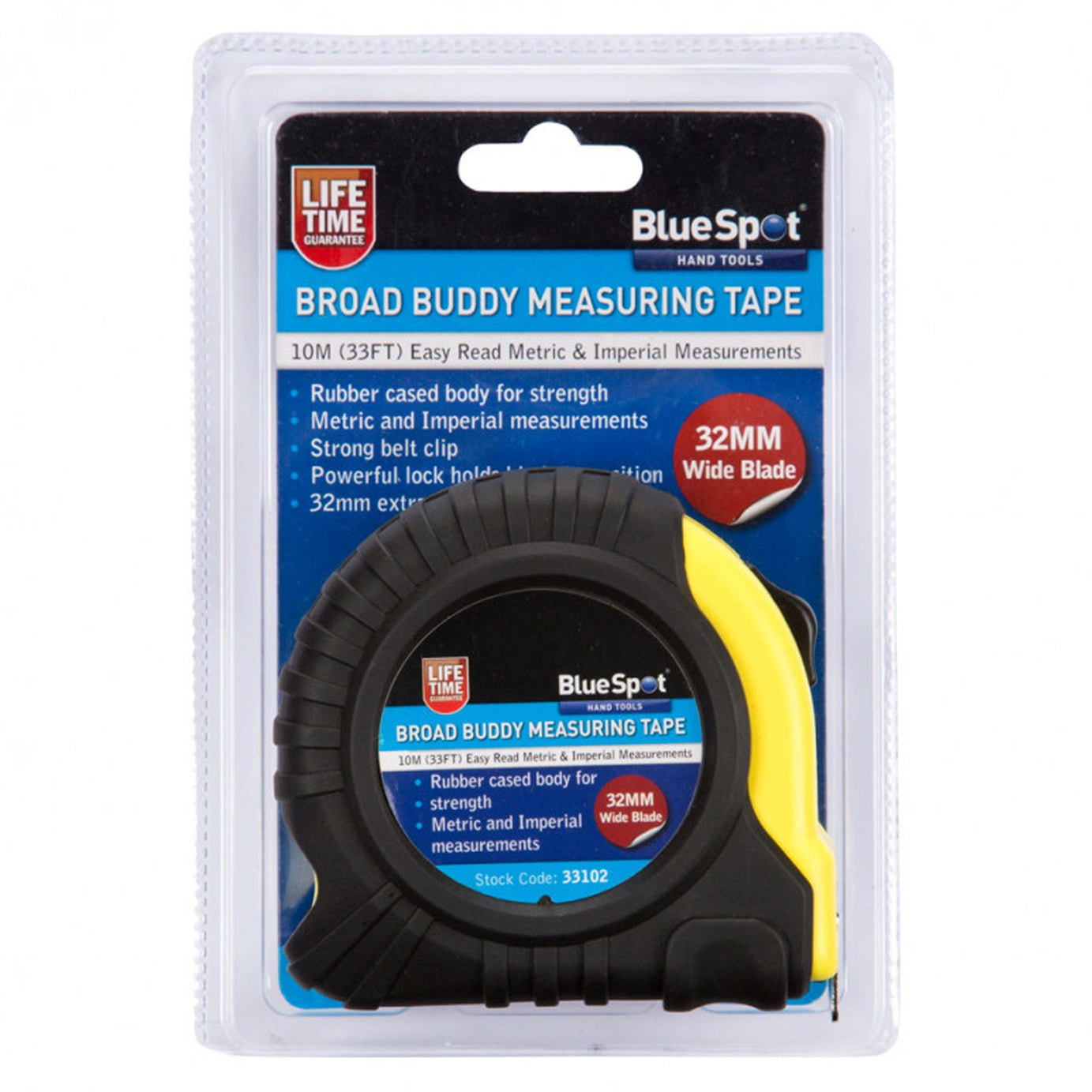 BlueSpot 32mm Extra Wide Blade Soft Grip Tape Measure Length 10m Measuring Tools