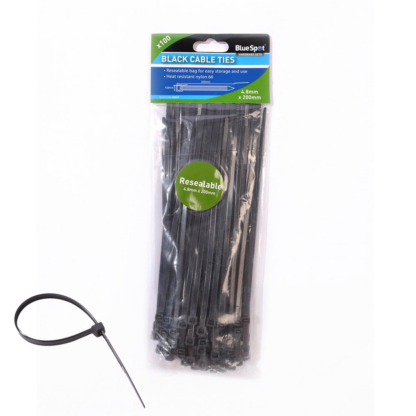 BlueSpot Black Cable Ties 100Pce 4.8mm X 200mm Long Thick Thin Narrow Small Fastener