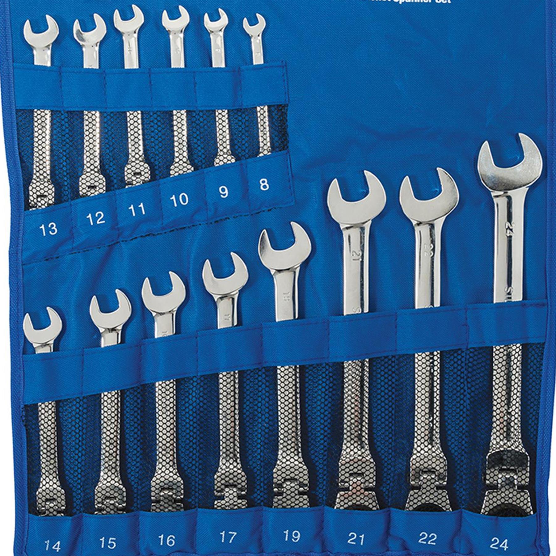 14Pce Flexible Head Ratchet Spanner Set 8mm - 24mm Polished 40Cr Alloy Steel