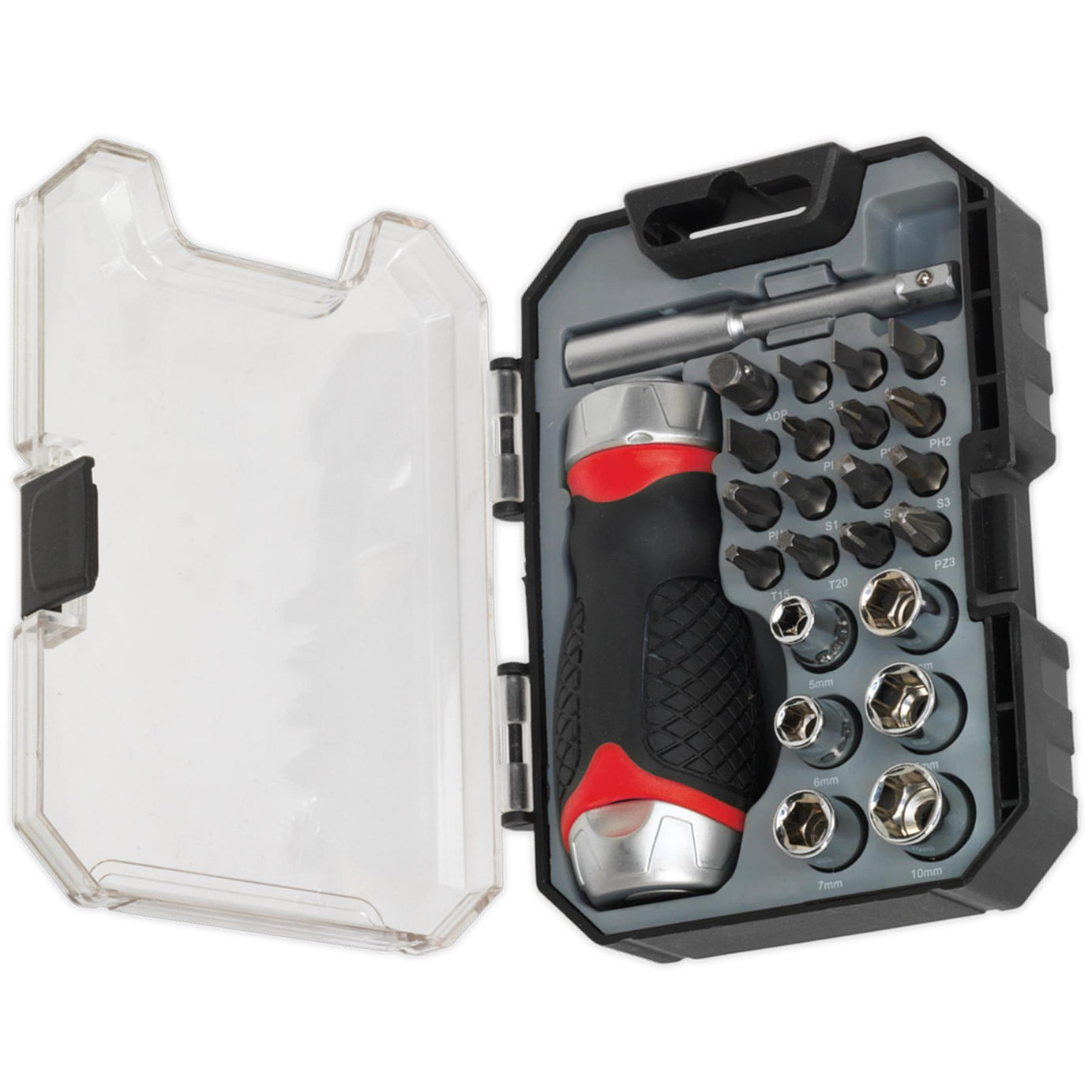 Sealey Fine Tooth Ratchet Screwdriver Socket & Bit Set 24pc Stubby