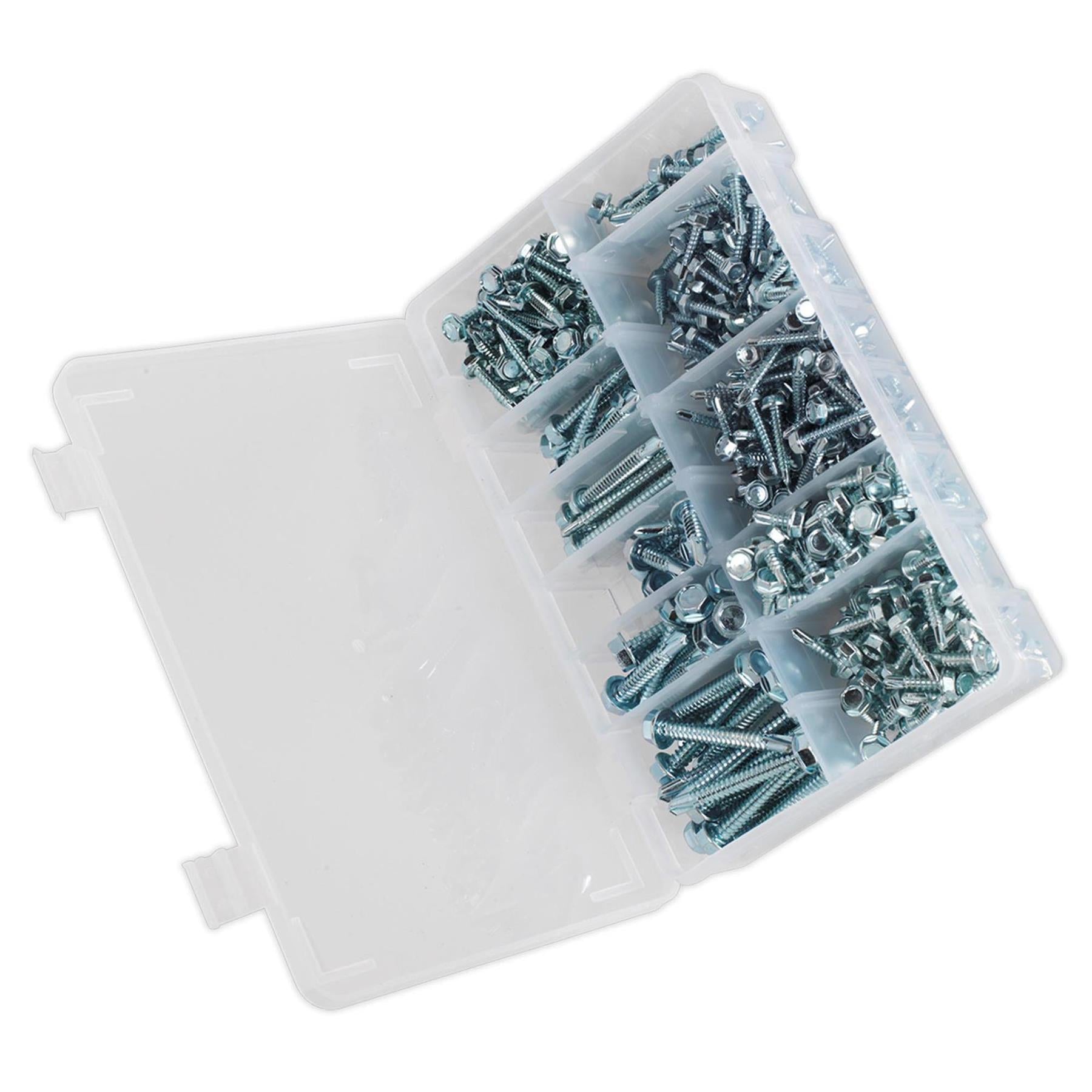 Sealey Self Drilling Screw Assortment 410pc Hex Head ZincSealey 410pcs Zinc Plated Steel Self Drilling Screw Assortment Set Hex Head