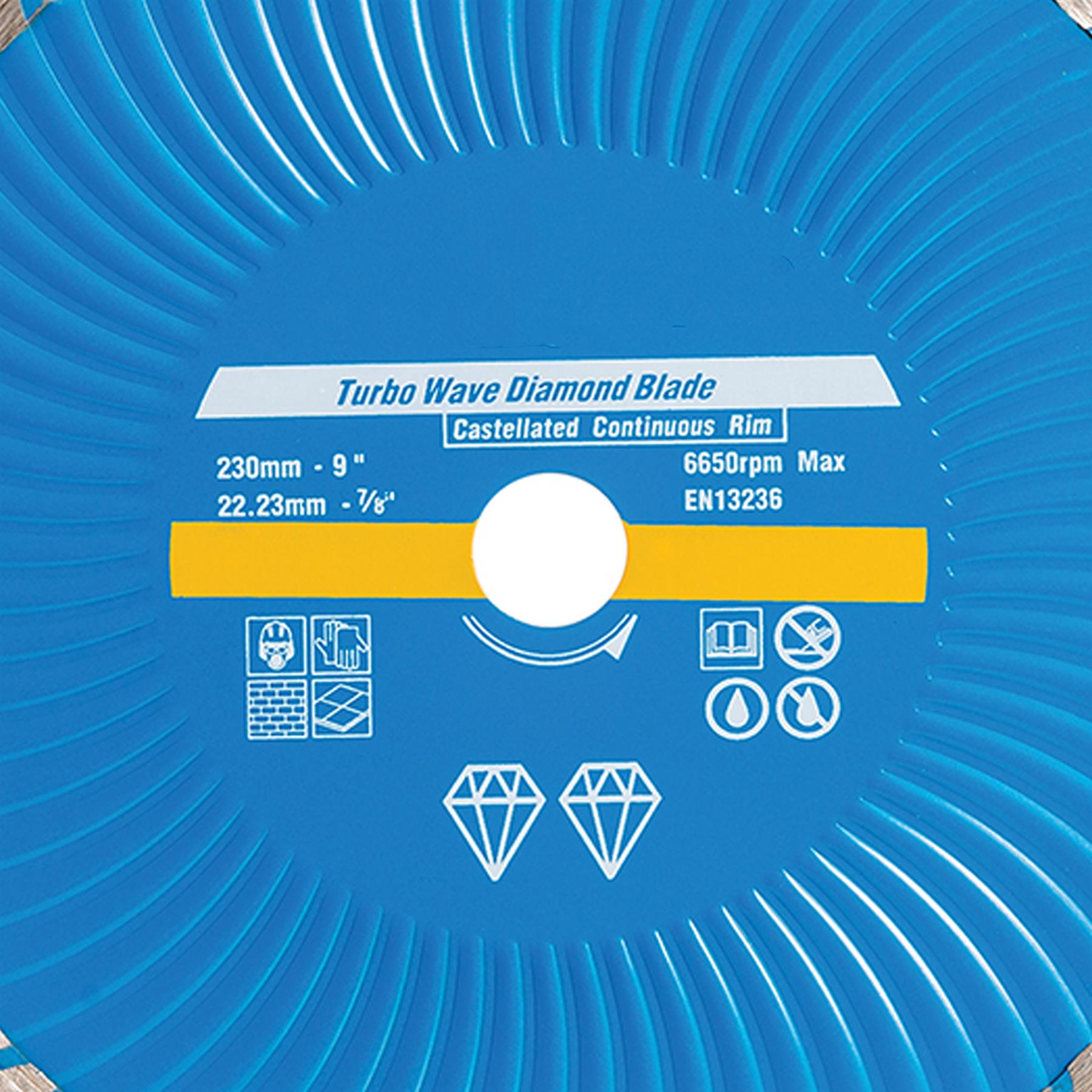 Turbo Wave Diamond Blade 230 X 22.23mm Castellated Cont Rim Continuous Rim Blade