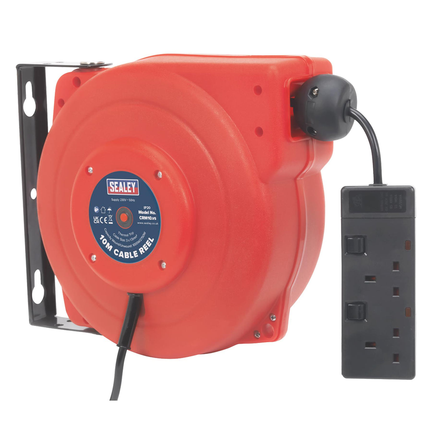 Sealey 10m Extension Cable Reel Retractable System 2 x 230V Sockets