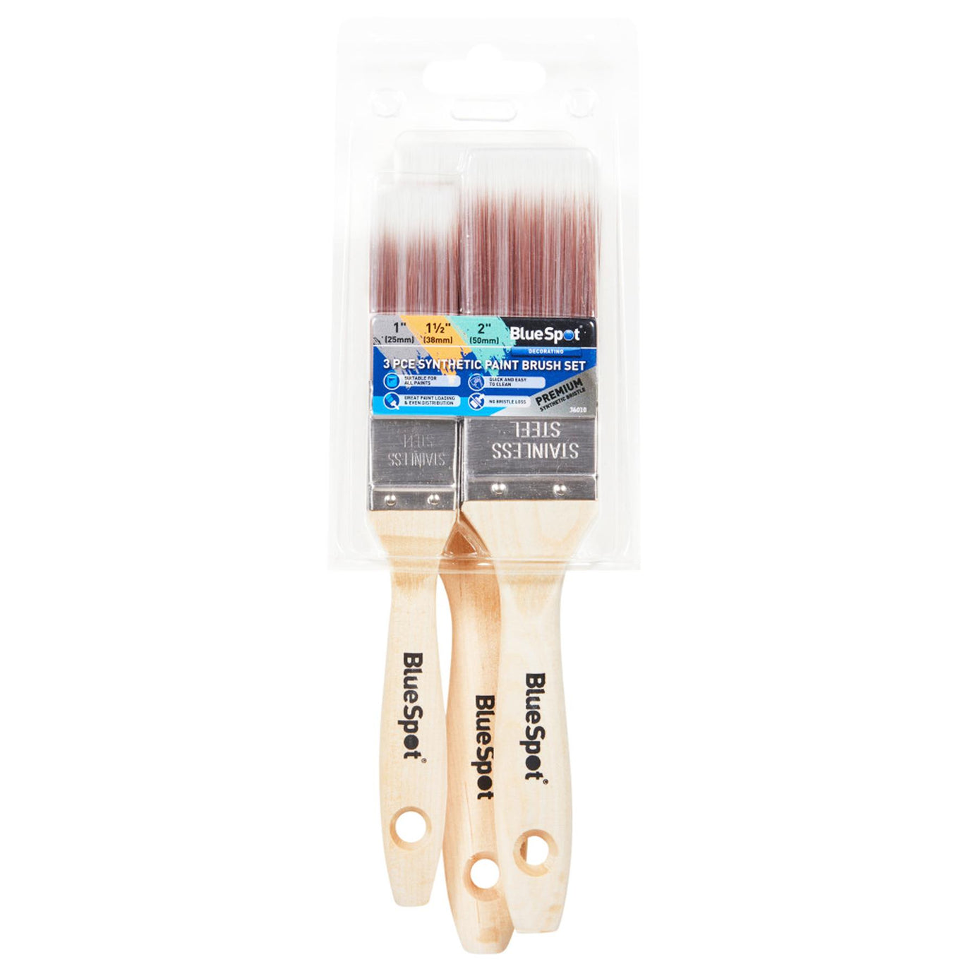 BlueSpot 3 PCE Synthetic Wooden Handle Paint Brushes Set 1", 1 ½" and 2"