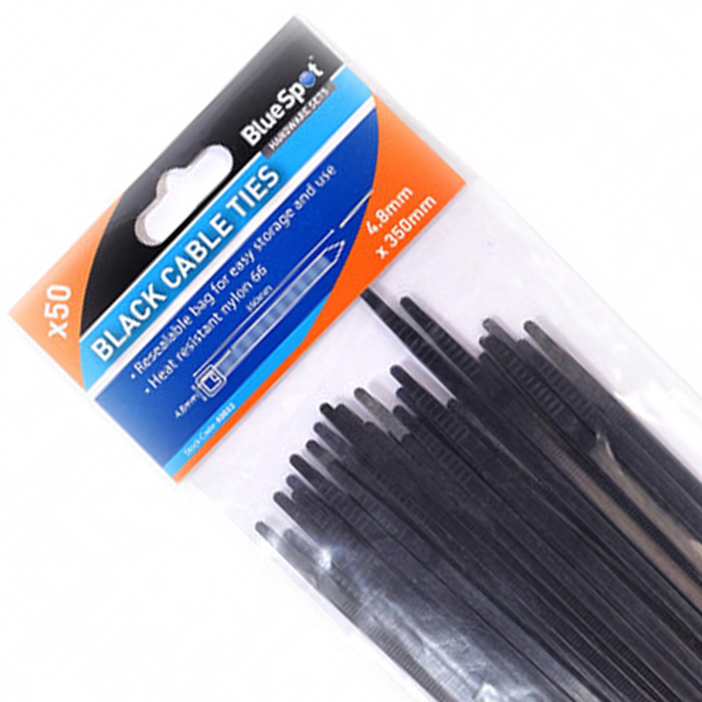 BlueSpot Cable Ties Black Releasable SelfLocking Ties 50Pce 4.8mm x 350mm