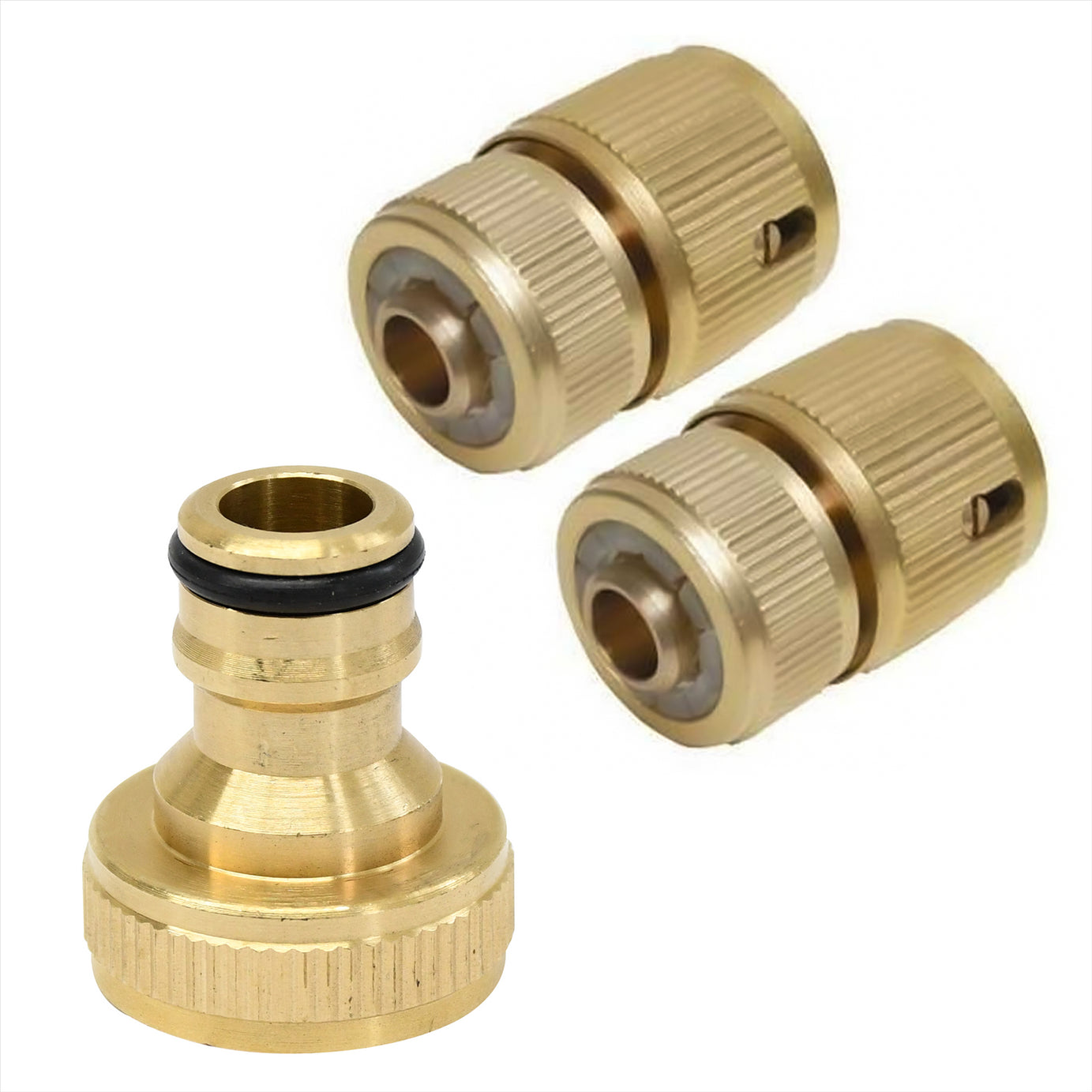 3 Piece Brass Hose Tap Fitting Connecter Set Auto Stop For Gardening Plumbing