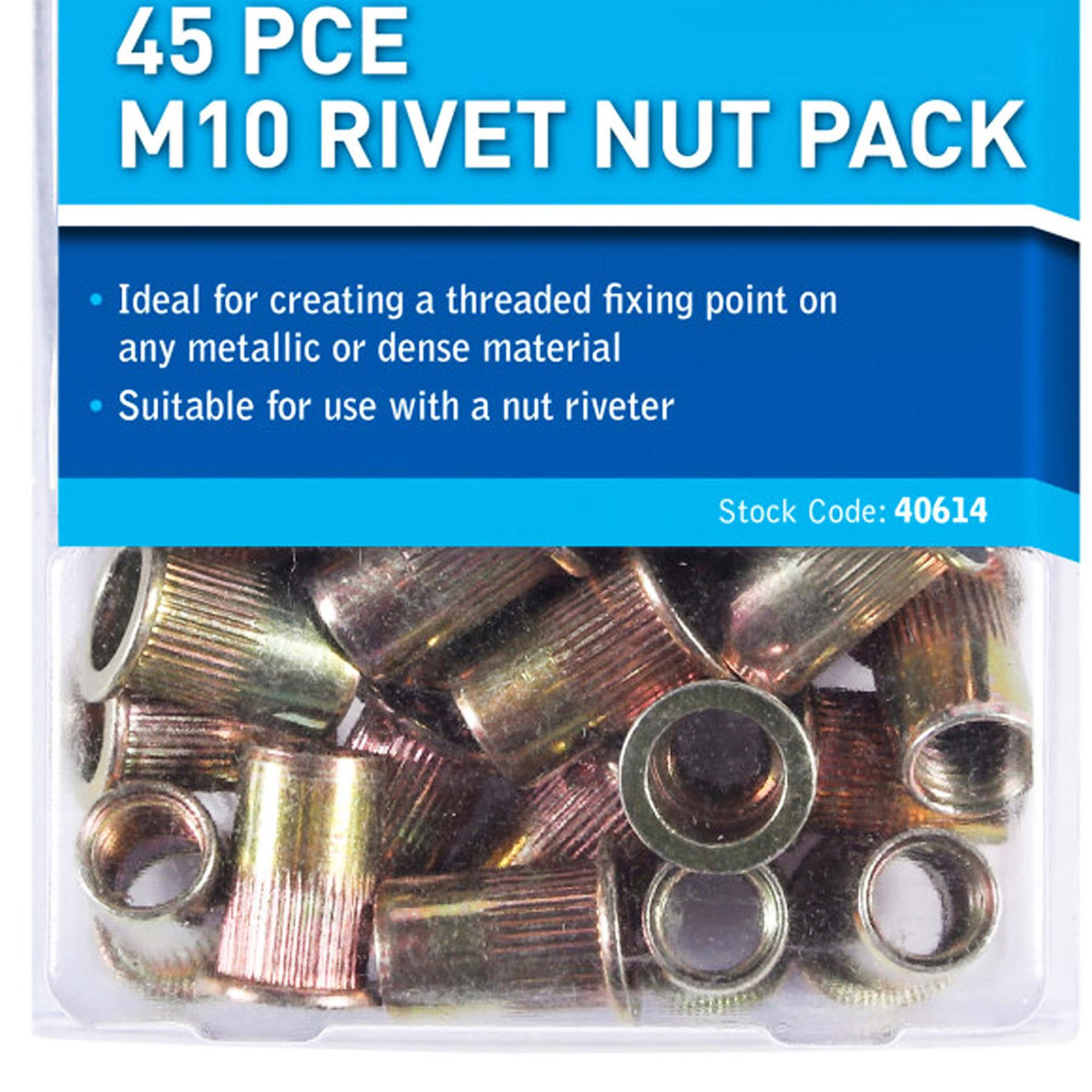 BlueSpot Rivet Nut Carbon Steel 45 PCE M10 Rivnut Threaded Insert Pack