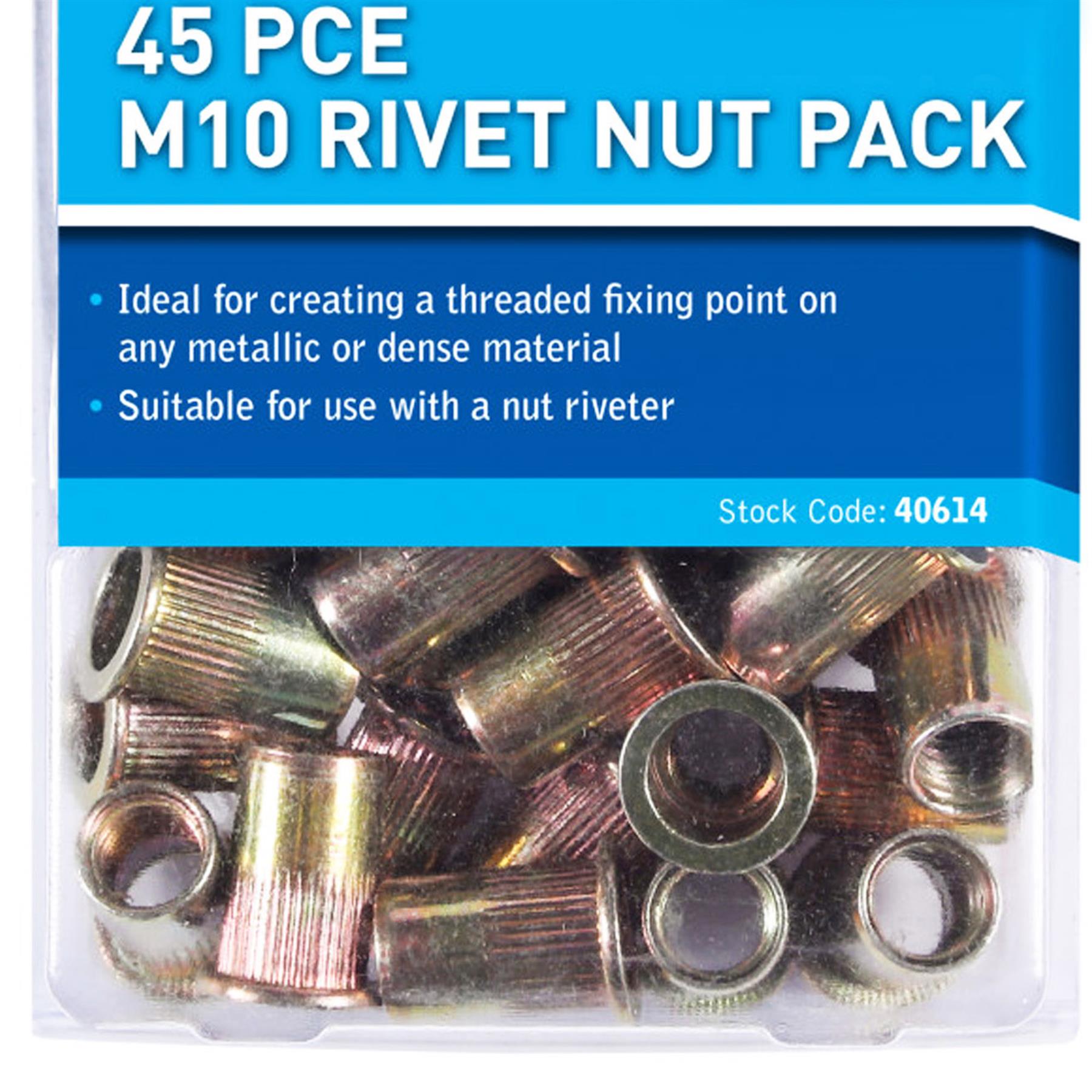 BlueSpot Rivet Nut Carbon Steel 45 PCE M10 Rivnut Threaded Insert Pack