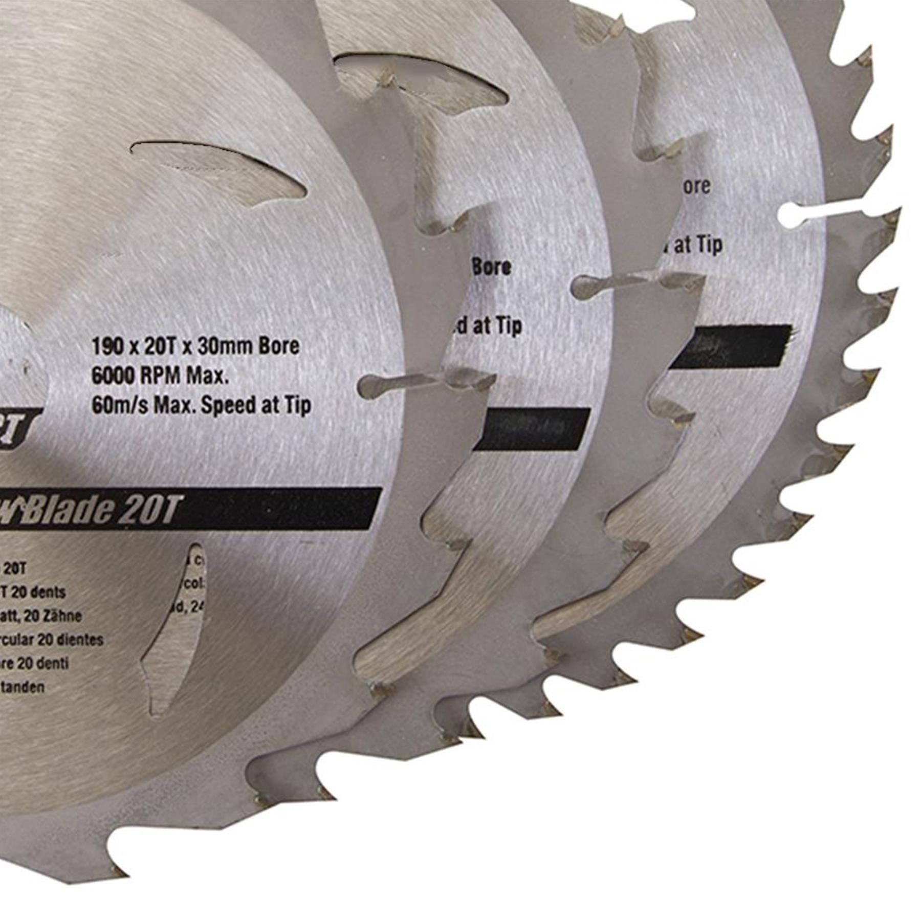3 Piece TCT Circular Saw Blade Set 190 x 30 - 25, 20mm Rings