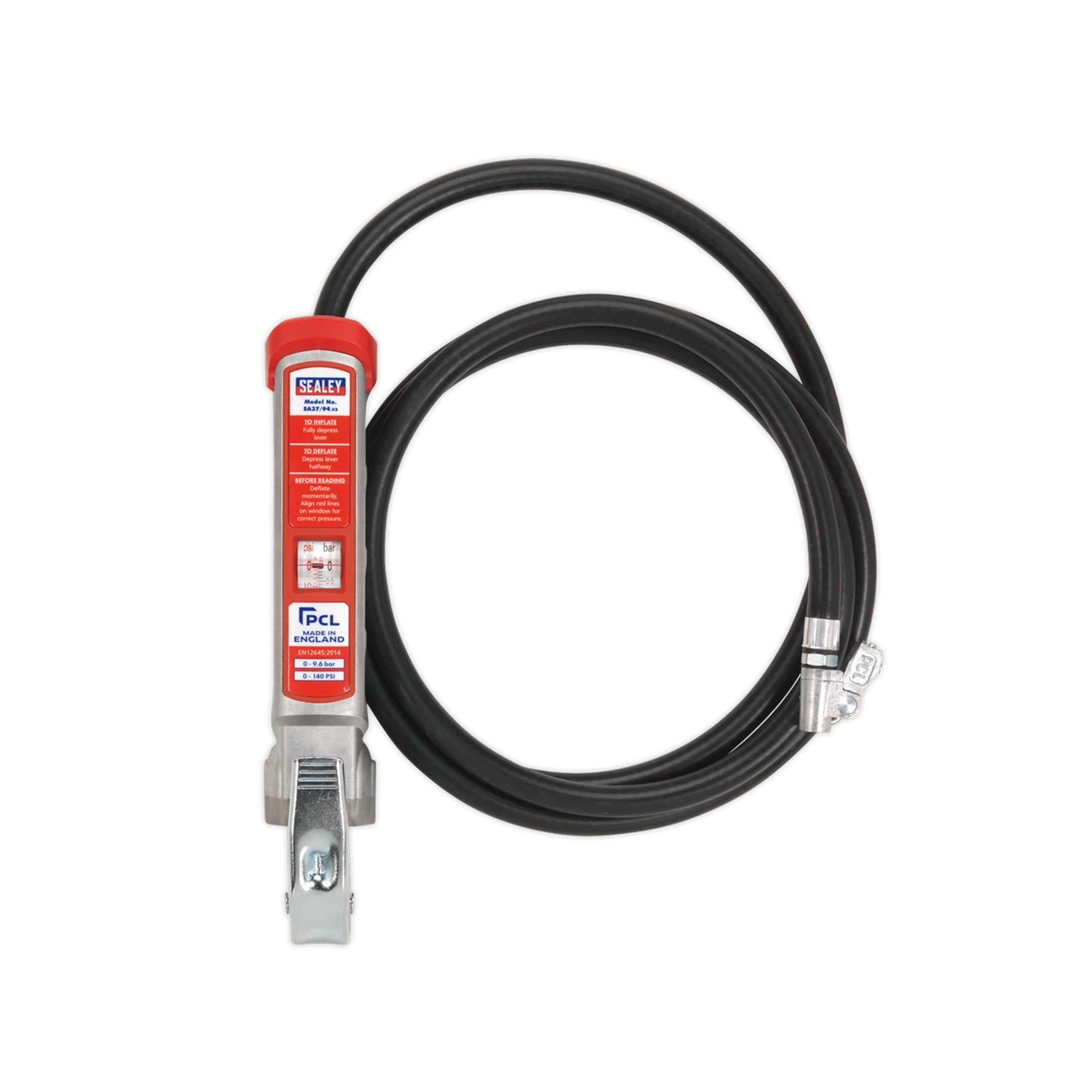 Sealey Prof Tyre Inflator with 2.5m Hose & Clip-On Connector
