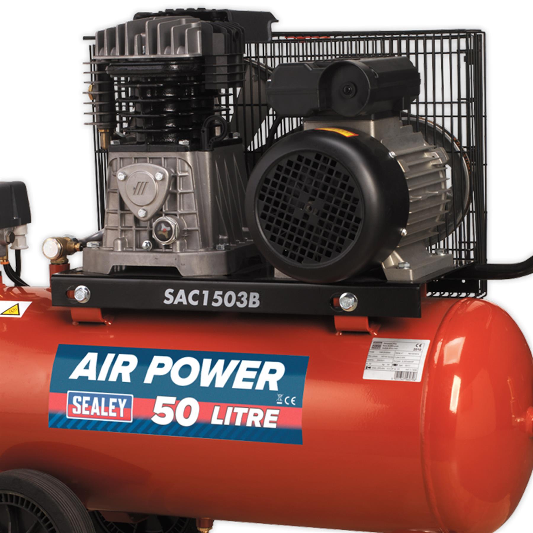 Sealey Compressor 50L Belt Drive 3hp with Cast Cylinders & Wheels