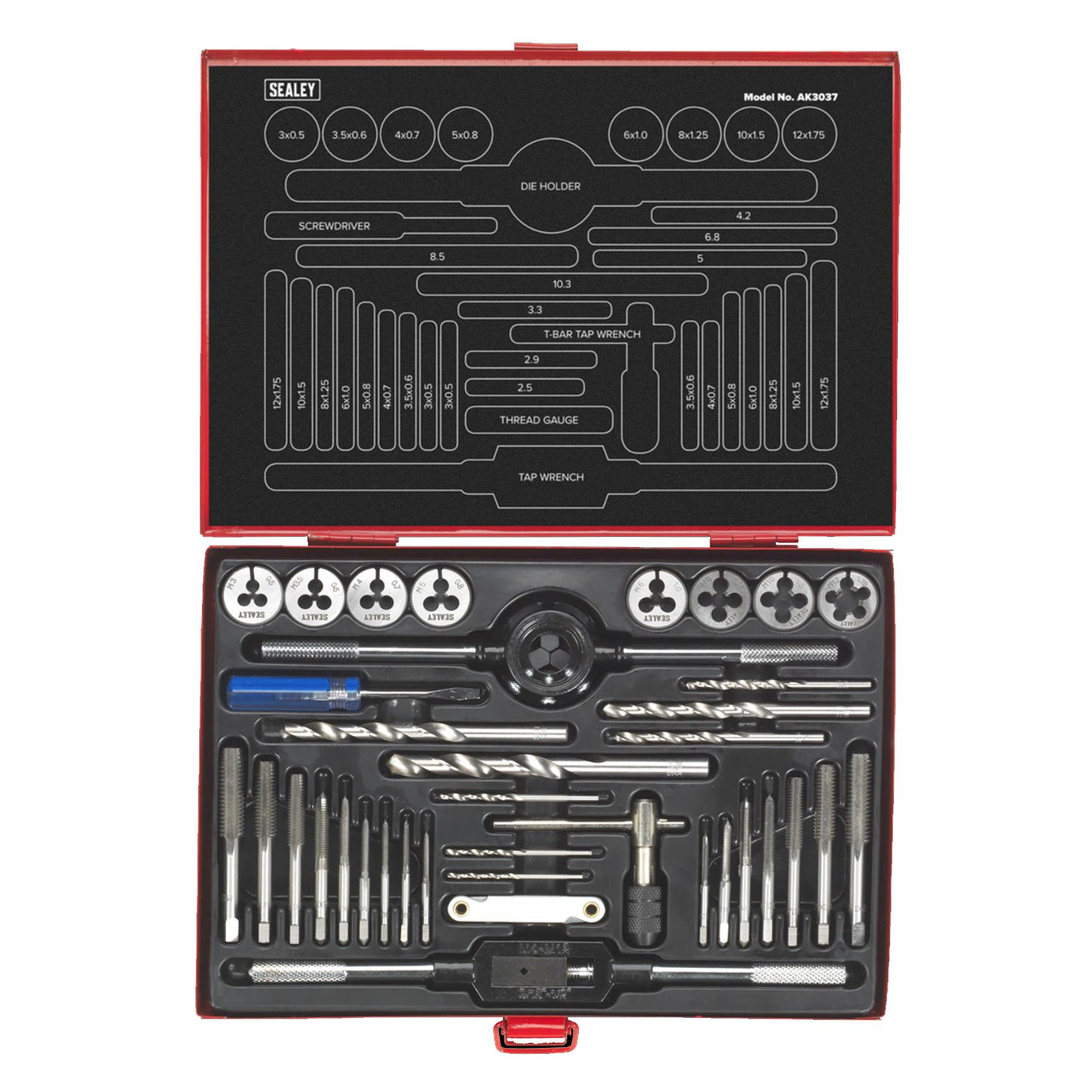 Sealey 37pc Tap and Die Set Split Dies Metric Thread Cutting Tool M3 - M12 Steel