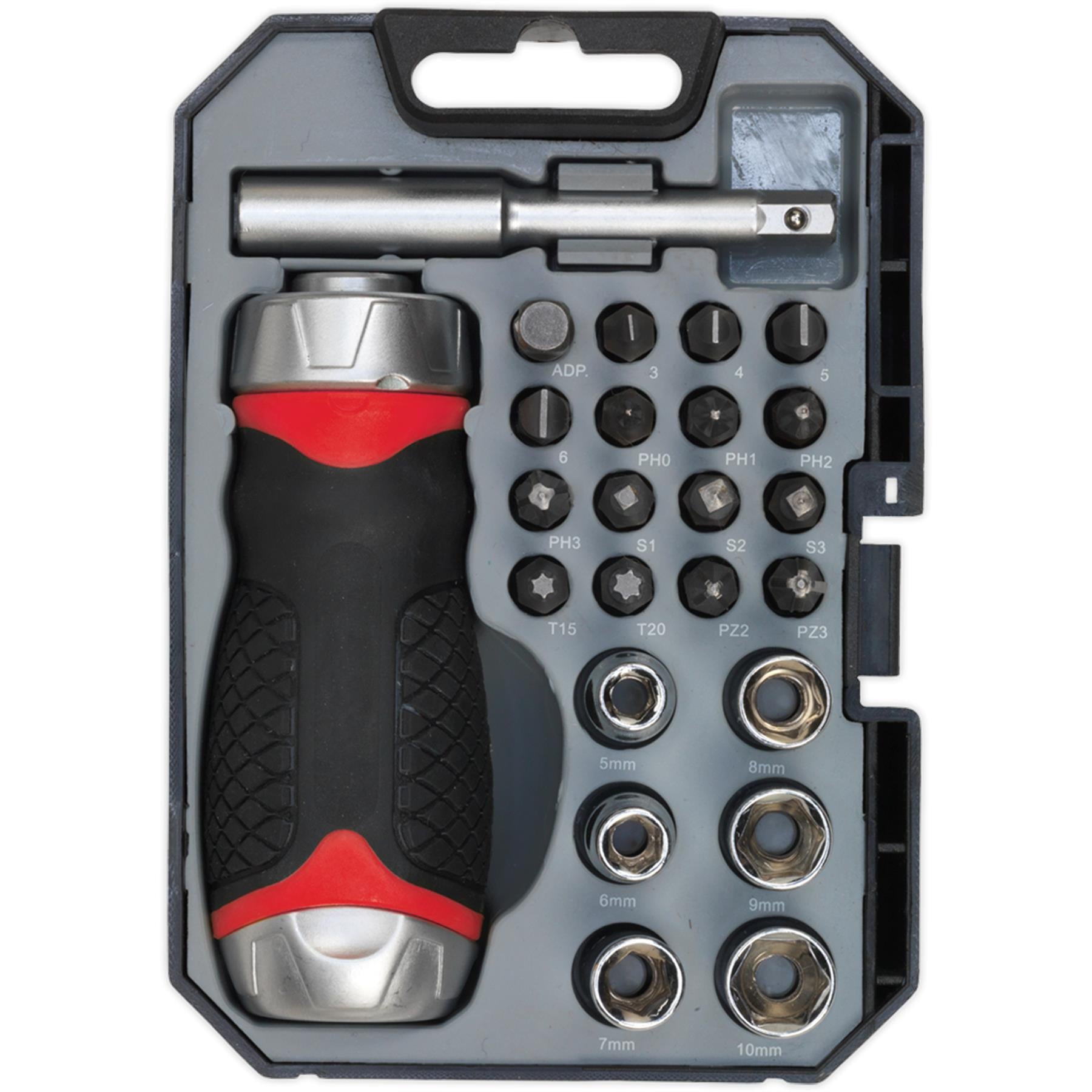 Sealey Fine Tooth Ratchet Screwdriver Socket & Bit Set 24pc Stubby