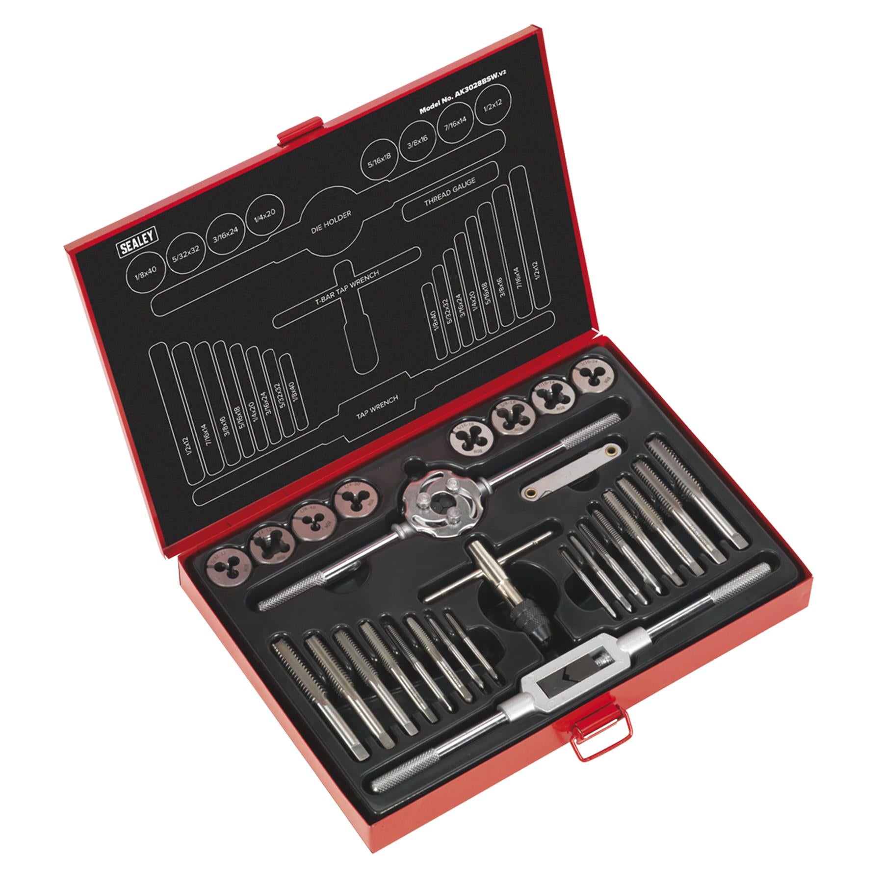 Sealey 28pc Tap and Die Set Split Dies Imperial BSW Thread Cutting 1/8" - 1/2"