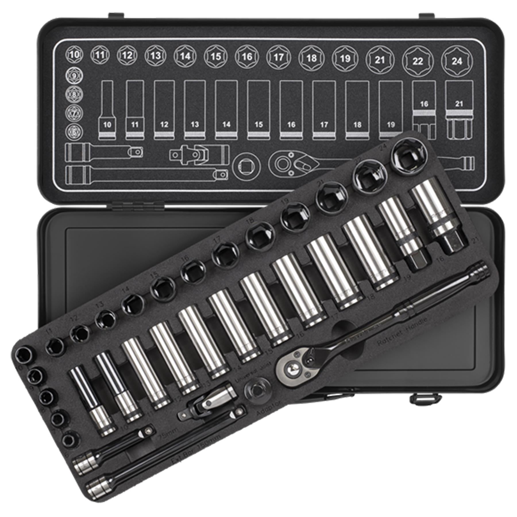 Sealey Socket Set 34pc 3/8"Sq Dr 6pt WallDrive Metric Black Series