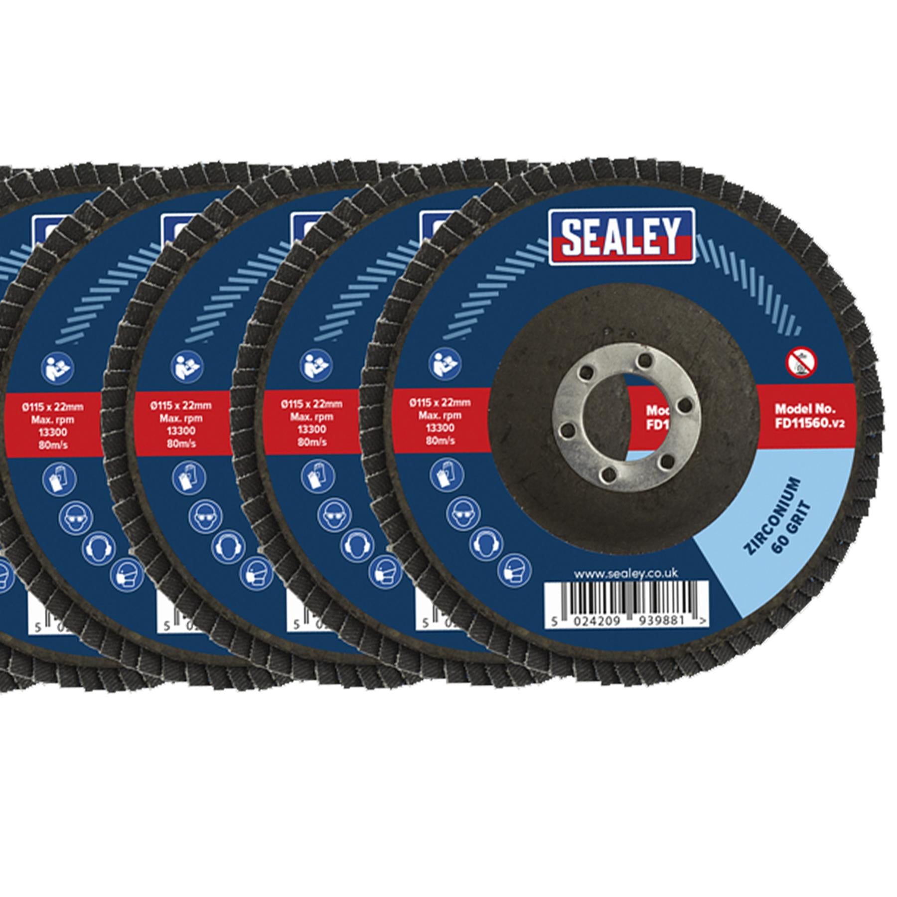Sealey Assorted Grit Flap Discs Zirconium �115mm �22mm Bore - Pk 10