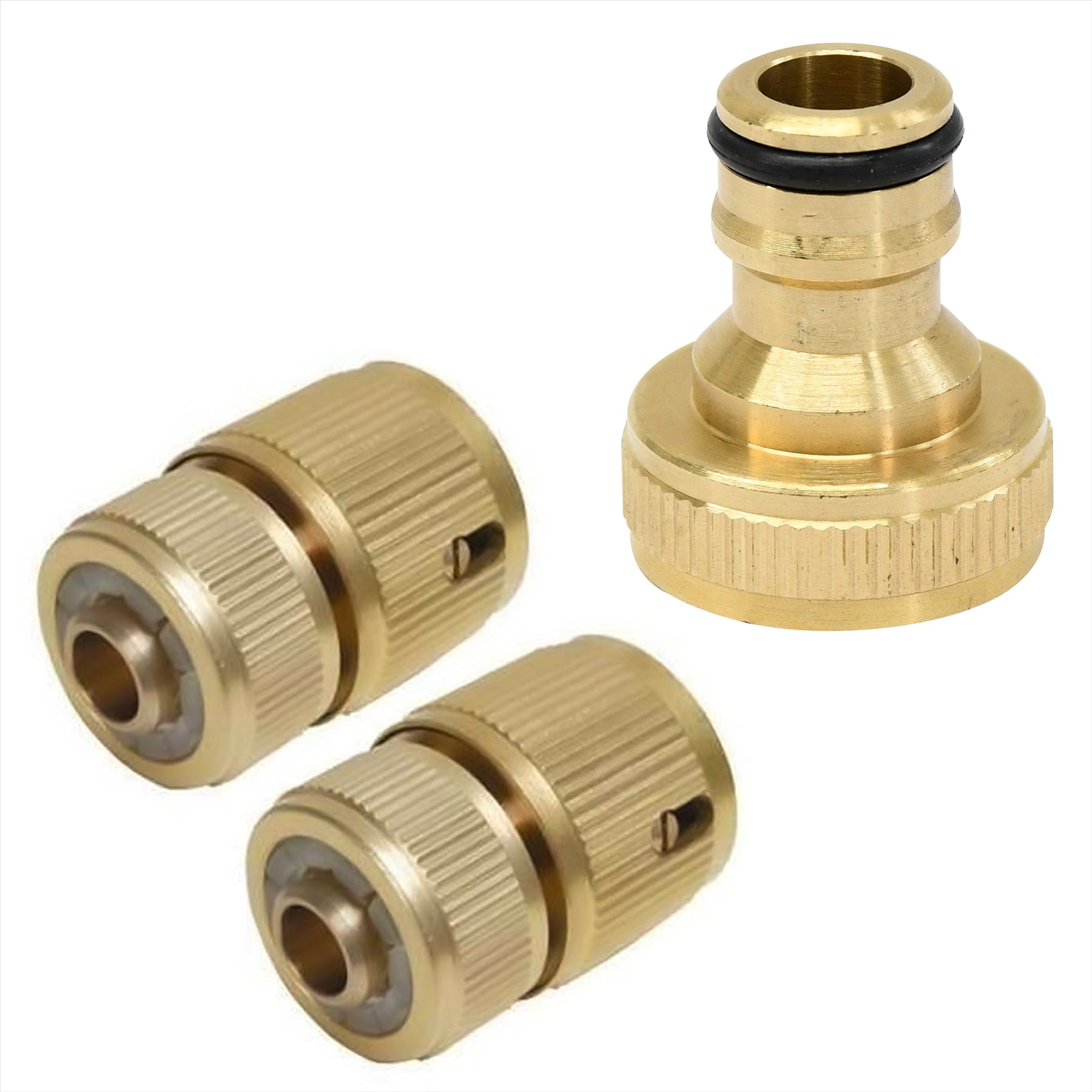 3 Piece Brass Hose Tap Fitting Connecter Set Auto Stop For Gardening Plumbing