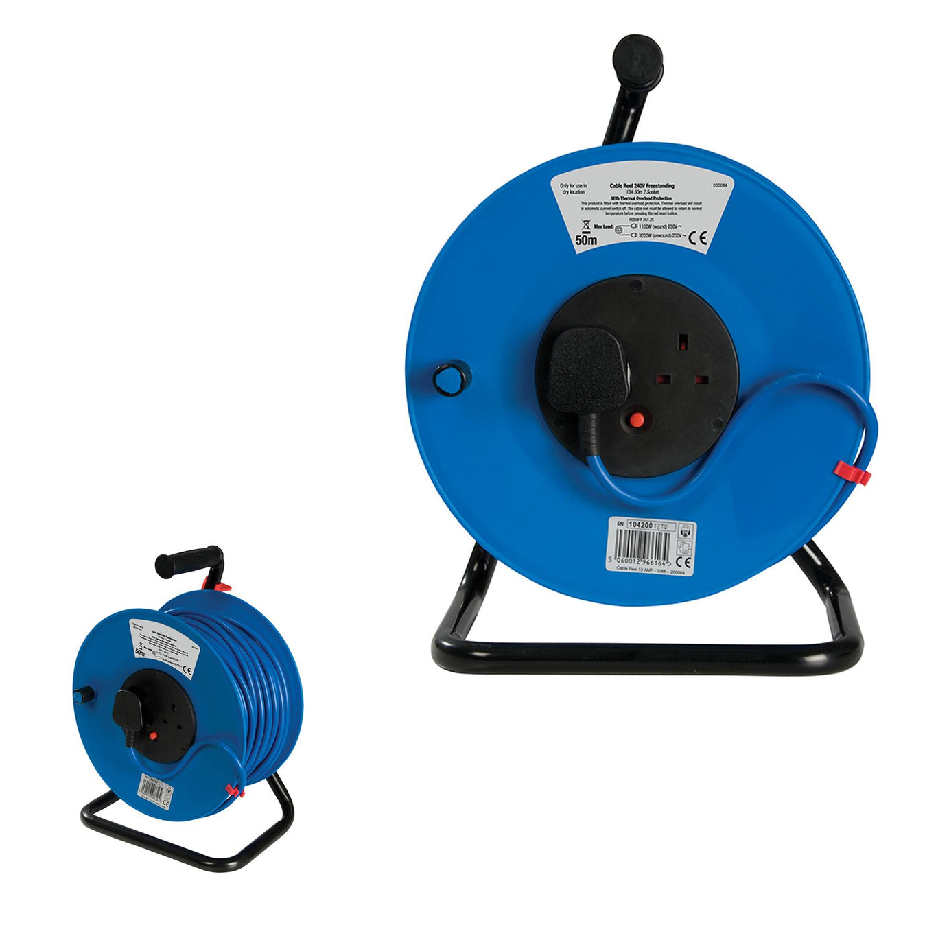 Power Master Cable Reel 240V Freestanding 13A 50M 2 X 240V Drum-Mounted Sockets