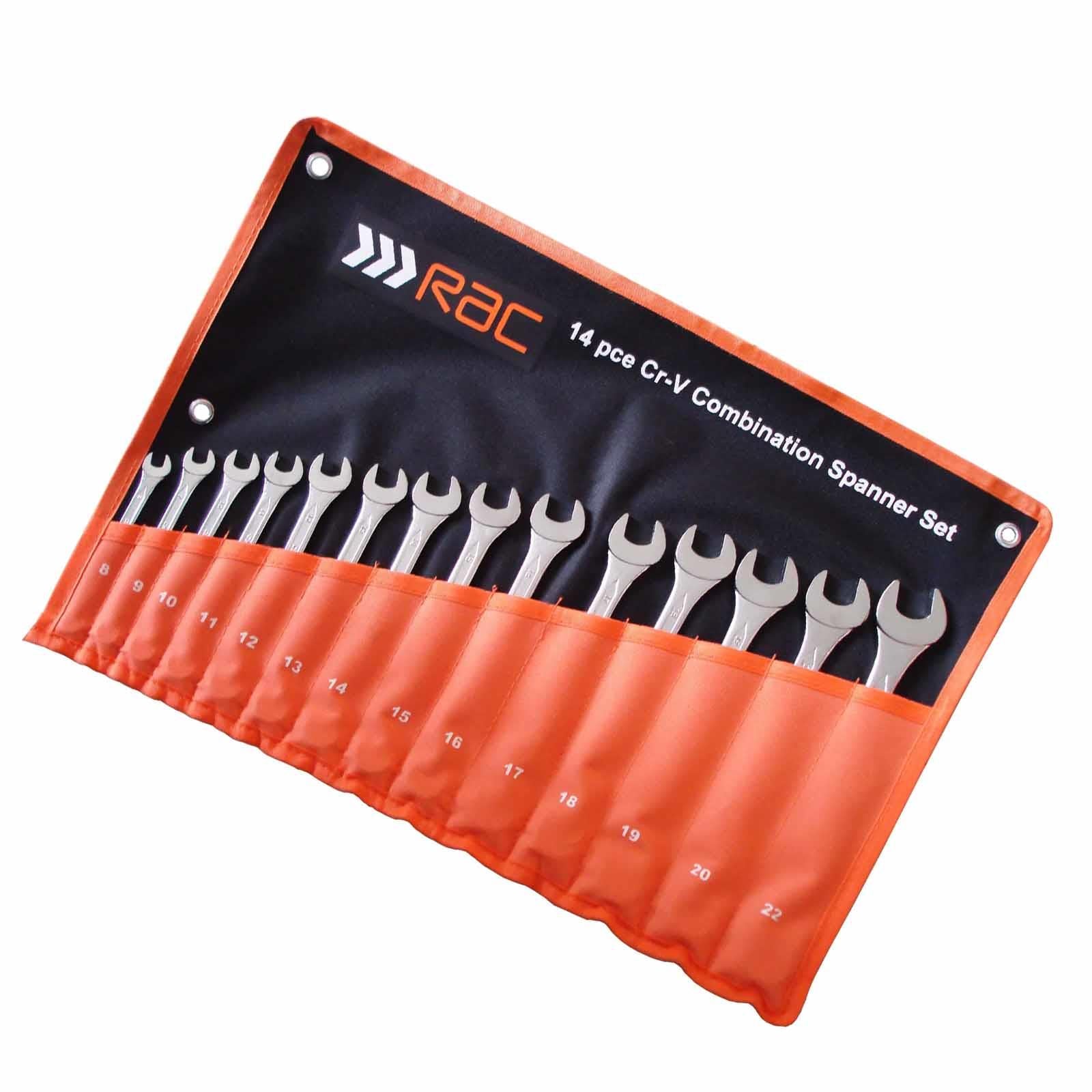 RAC 14PC METRIC COMBINATION OPEN RING CHROME SPANNER WRENCH SET IN CASE 8-22MM