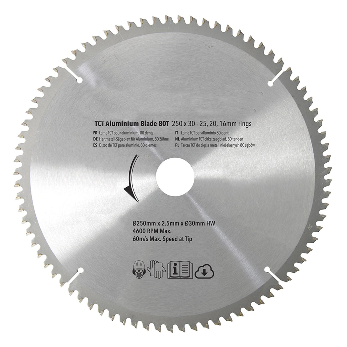 250mm 80T Aluminium Circular Saw Blade 30mm Bore 25mm 20mm 16mm Rings Mitre 10"